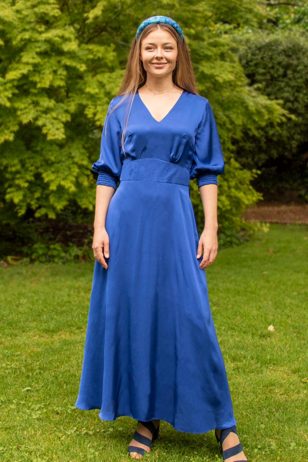 Reversible Harper Silk Satin Dress Cobalt front view