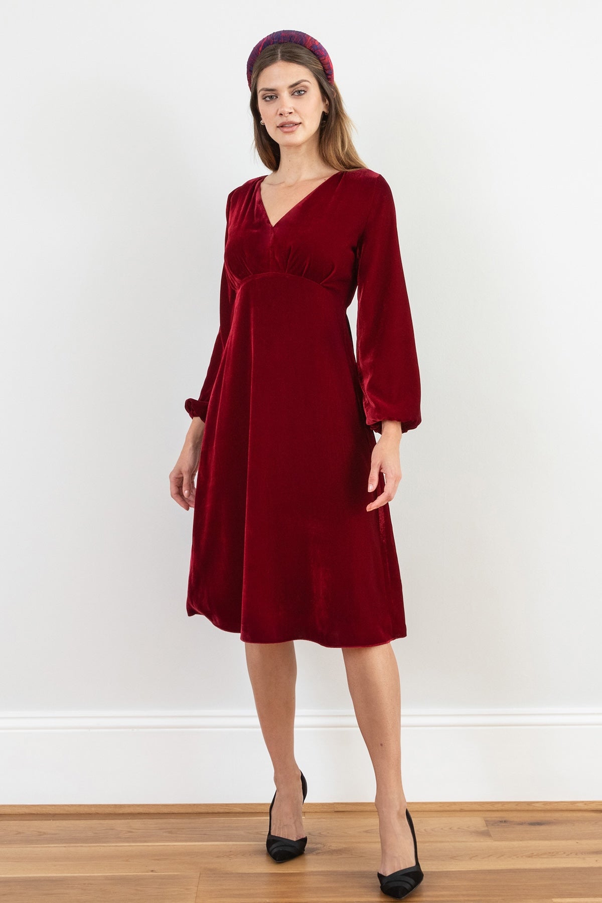 Amelia Dress Burgundy Velvet front view