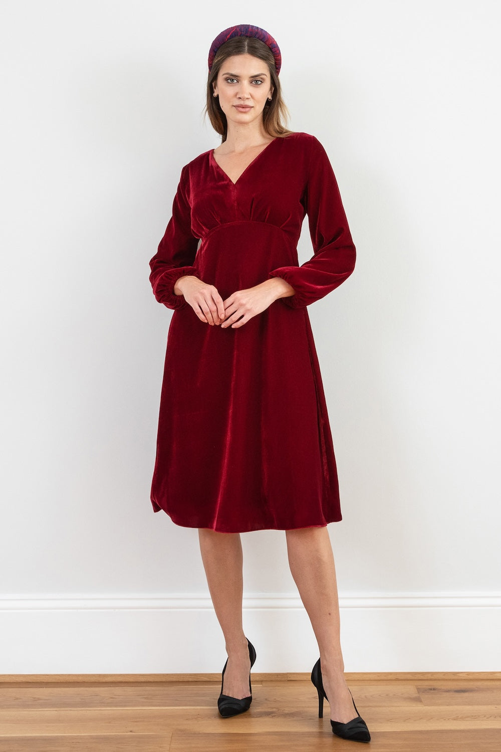 Amelia Dress Burgundy Velvet front view