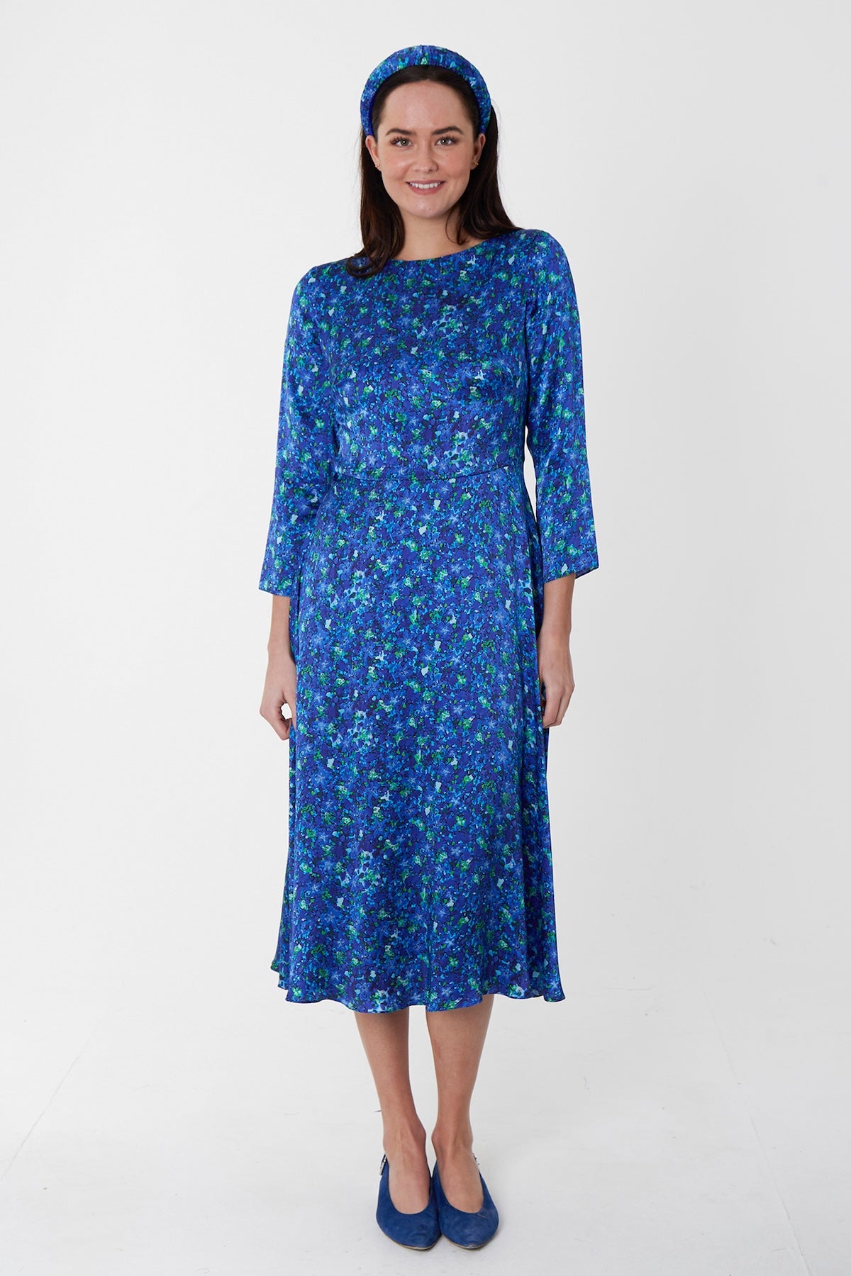 Bethany Silk Satin Dress Aqua Flora front view