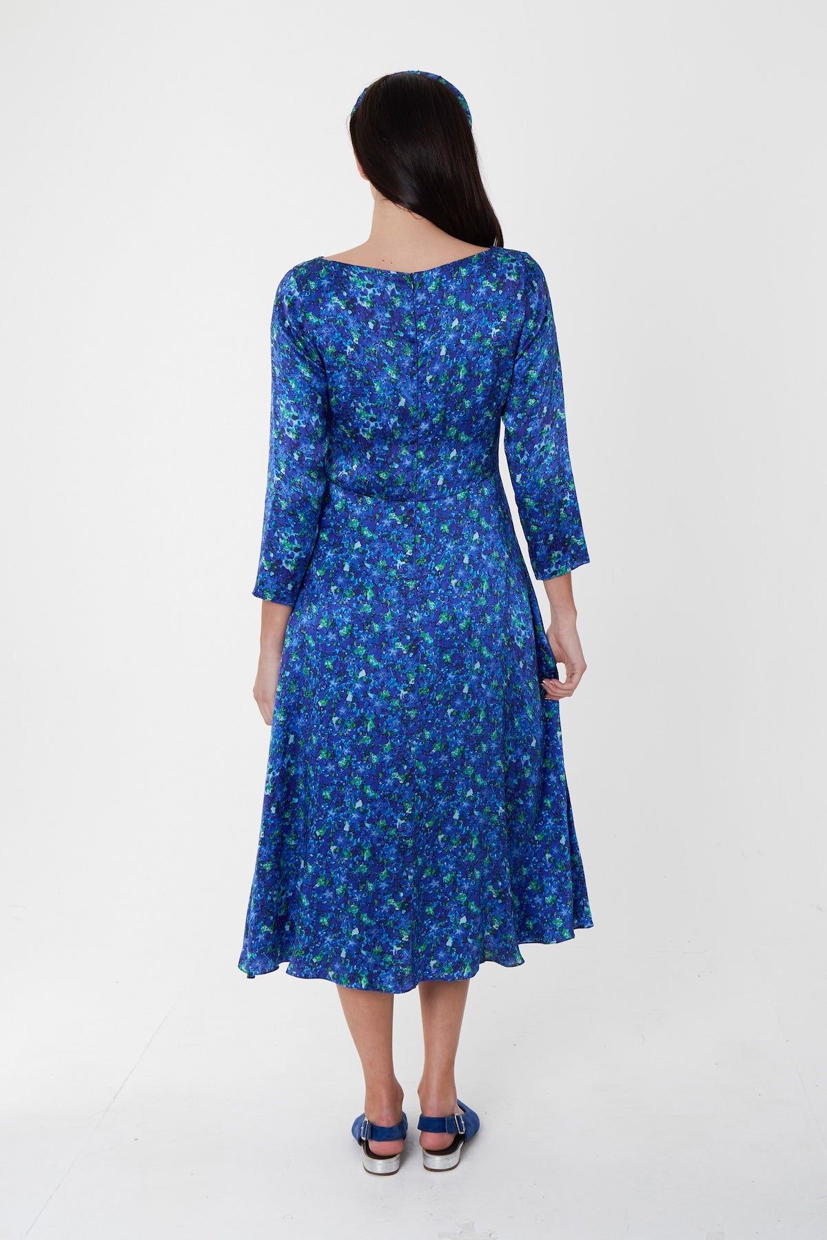 Bethany Silk Satin Dress Aqua Flora back view