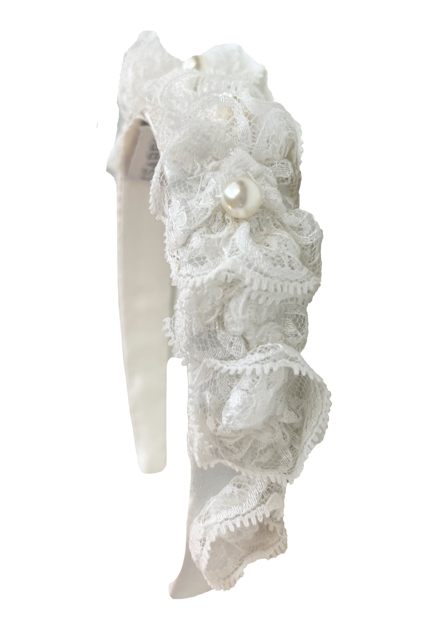 white headband with intricate lace and pearl detail hand stitched onto the headband sustainably in the UK