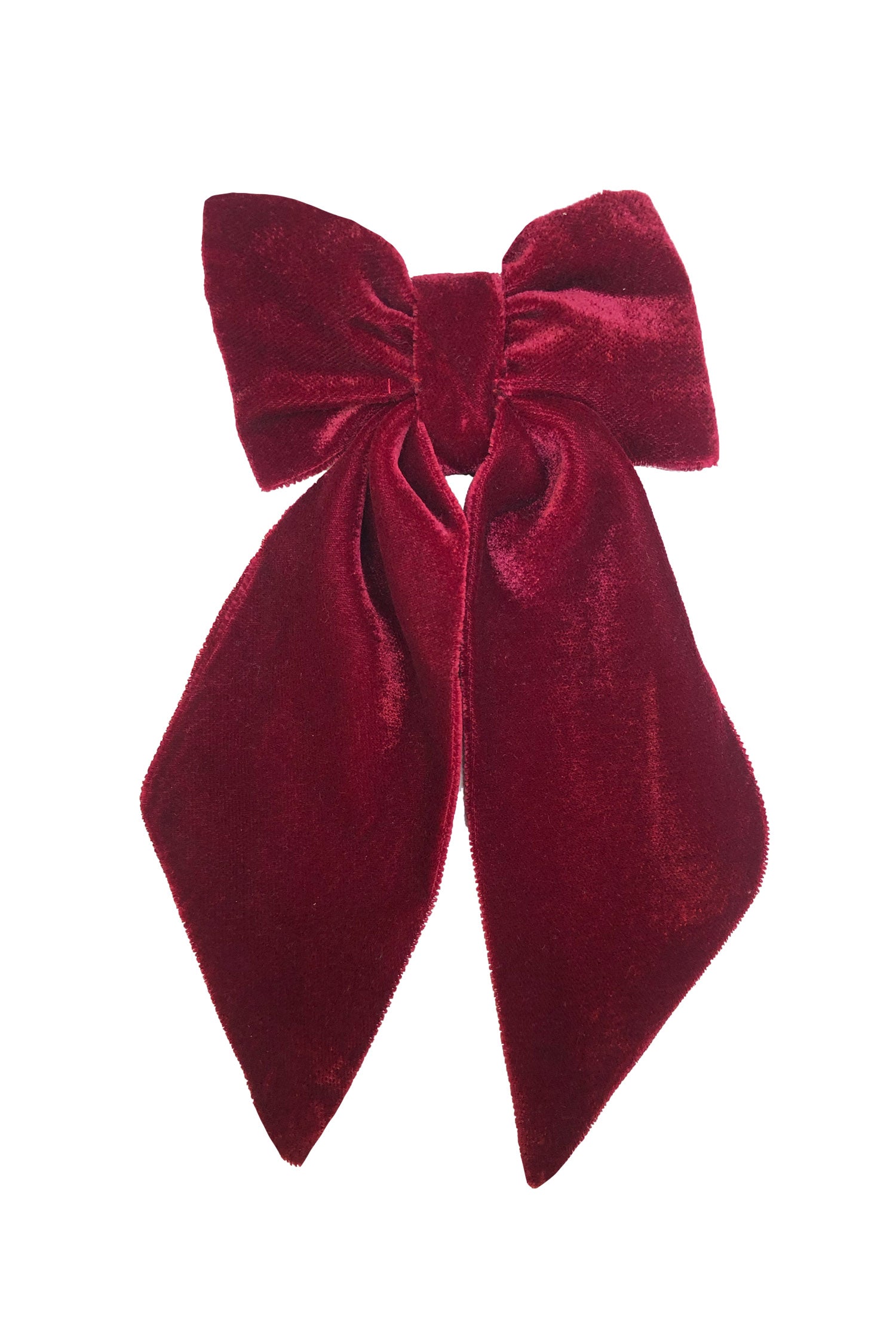 An Isabel Manns burgundy velvet bow with ribbon styling and silver hair clip.