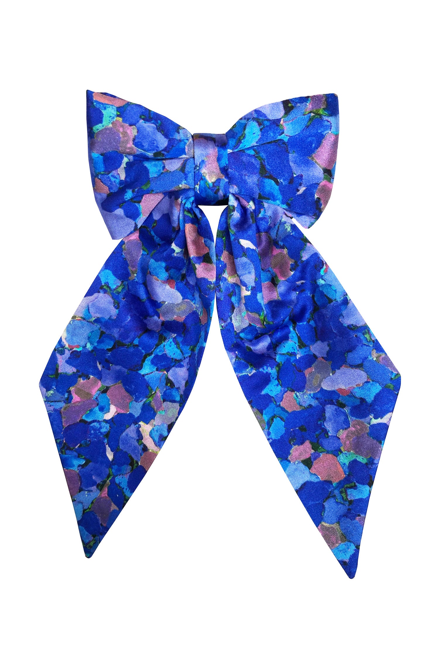 An Isabel Manns blue printed silk satin bow with ribbon styling and silver hair clip.