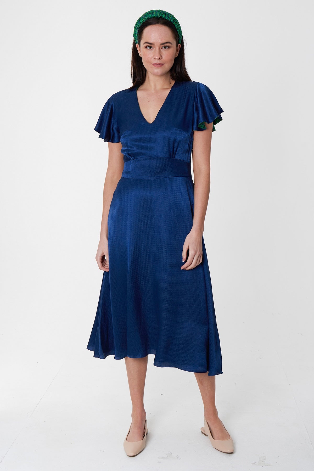 Reversible Chloe Silk Satin Dress Textured Navy front view