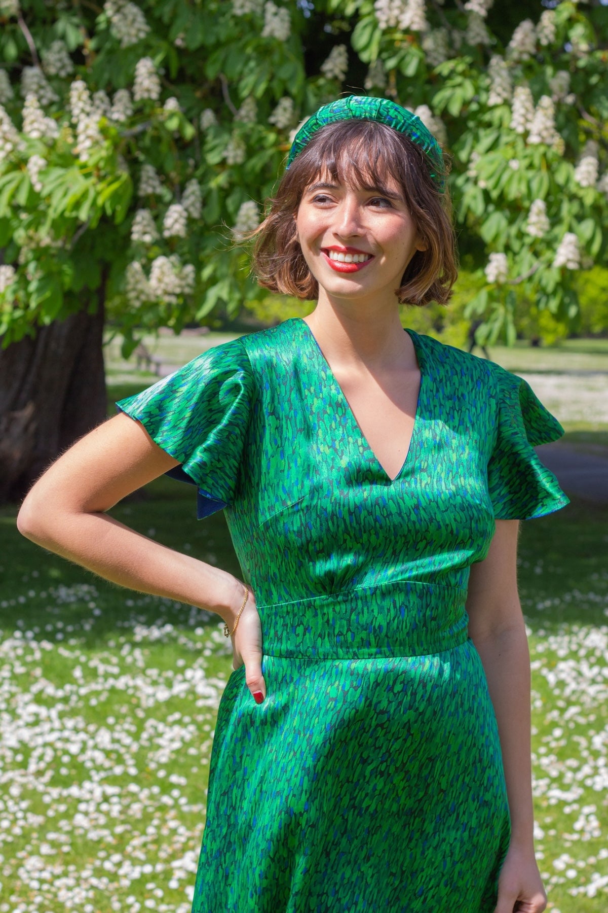 Reversible Chloe Silk Satin Dress Flecked Emerald front view