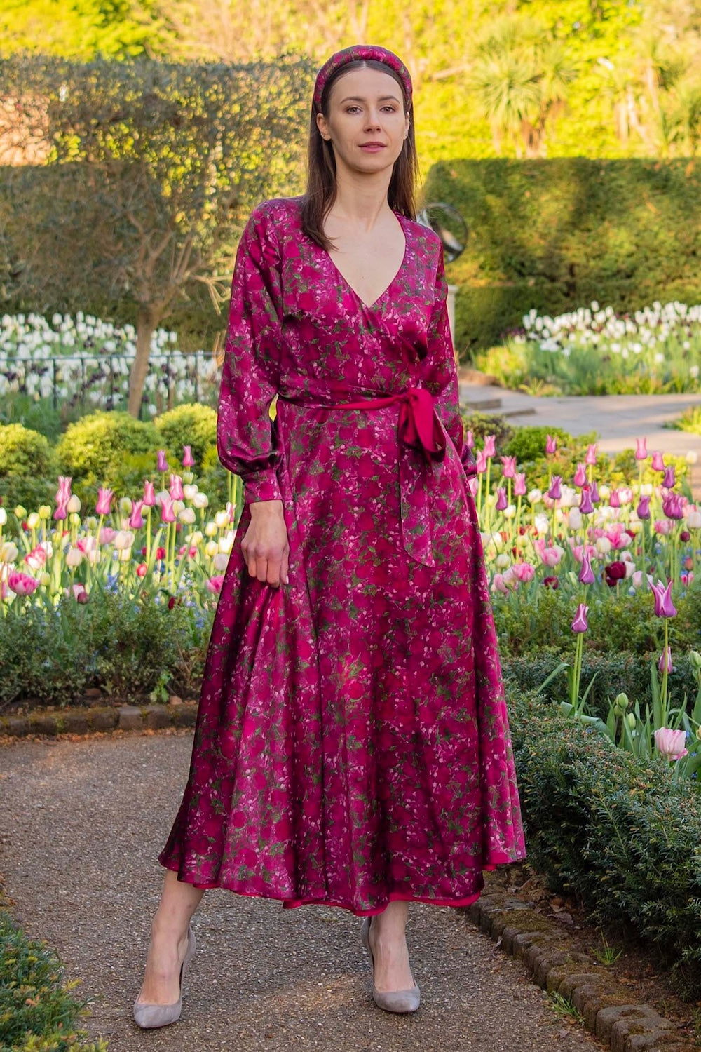 Reversible Siena dress front view Crimson Peonies
