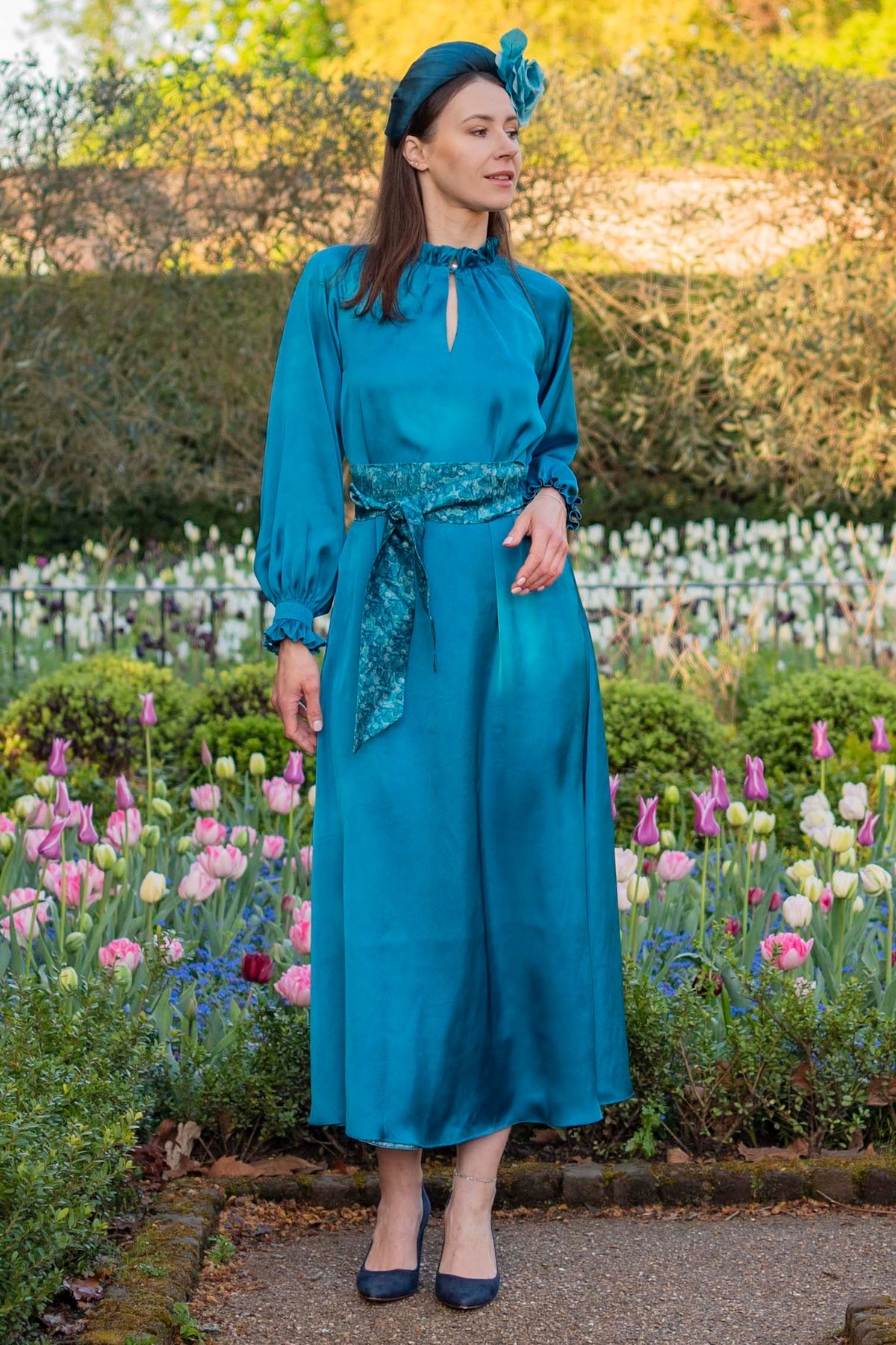 Reversible Evelyn dress front view Teal