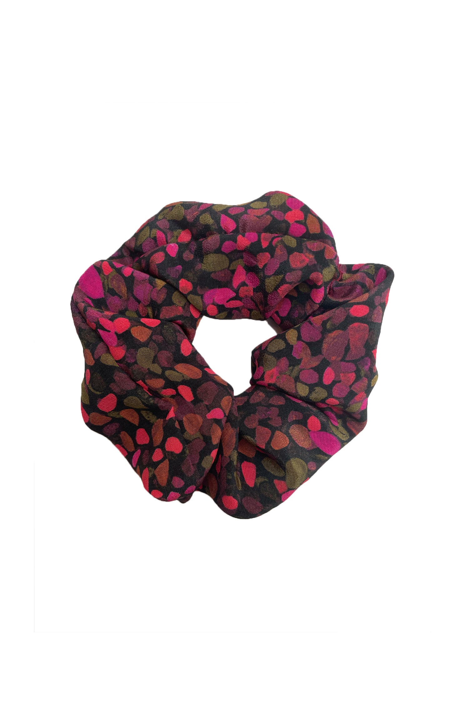 An Isabel Manns pink and brown dotted print silk crepe de Chine scrunchie.