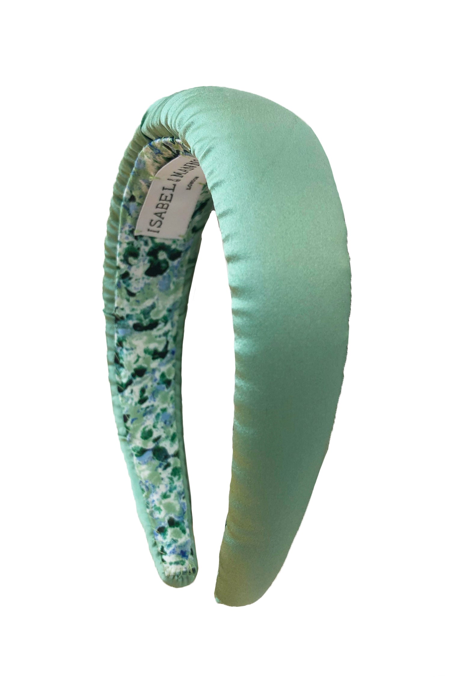A soft and subtle dusty light green silk satin padded headband