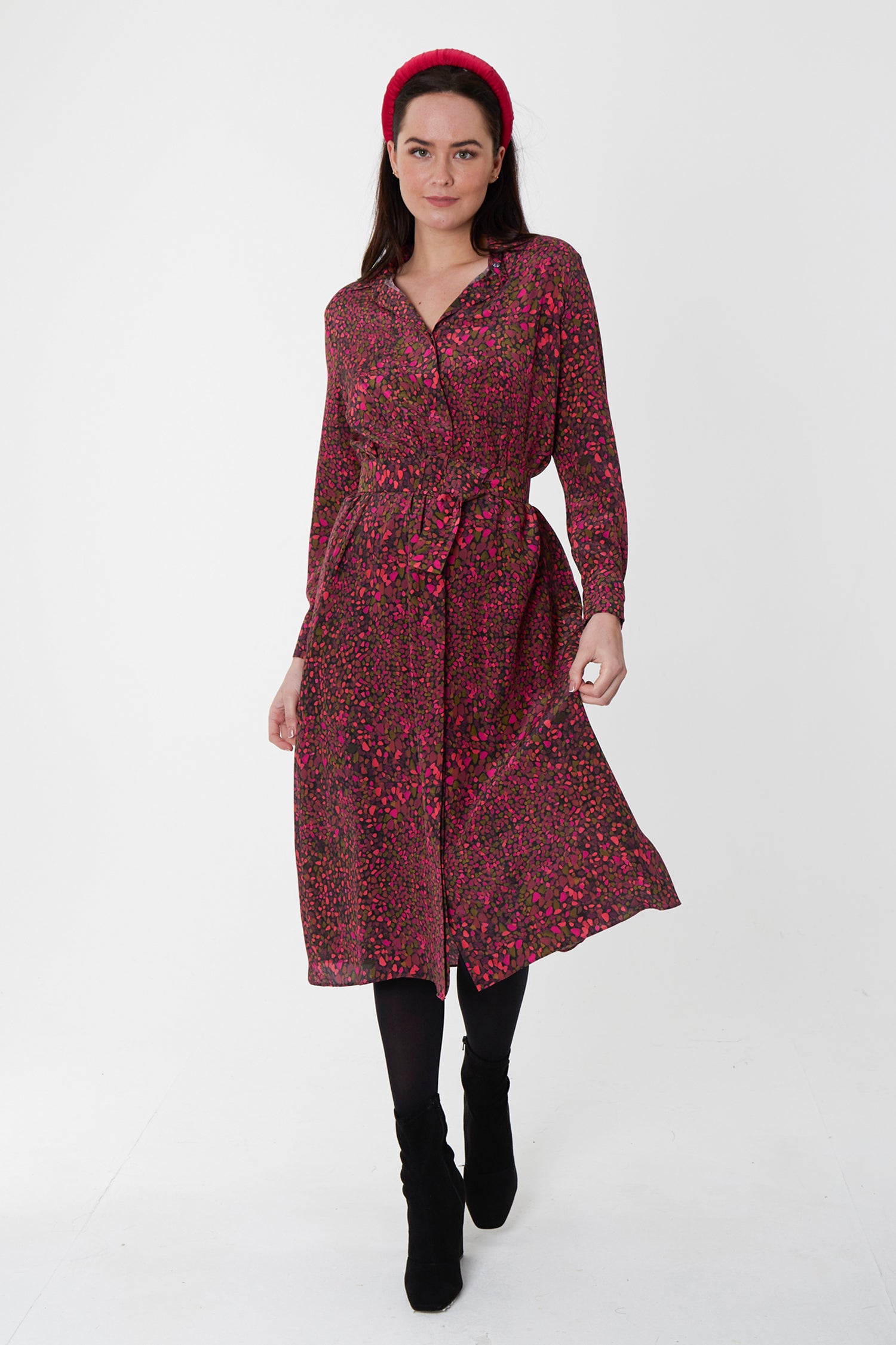 brown and pink versatile silk shirt dress in classic style with matching belt worn by a model