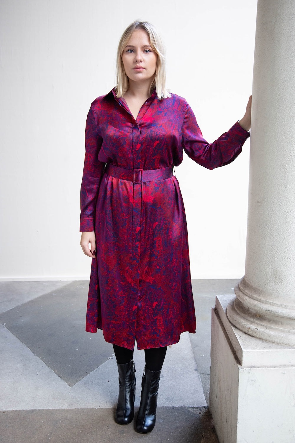 Esme Silk Satin Shirt Dress Fire Ocean front view