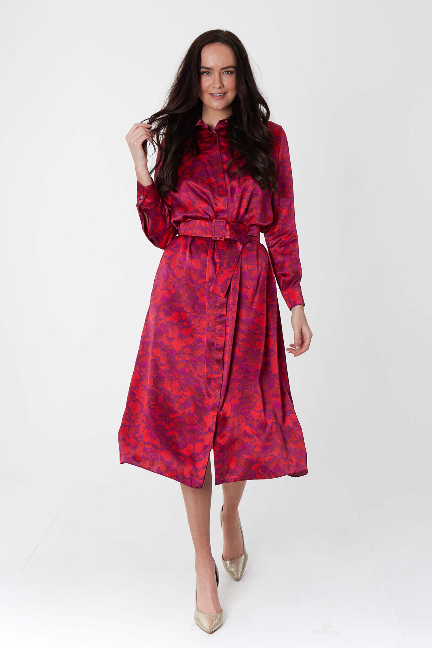 Esme Silk Satin Shirt Dress Scarlett Pebbles front view