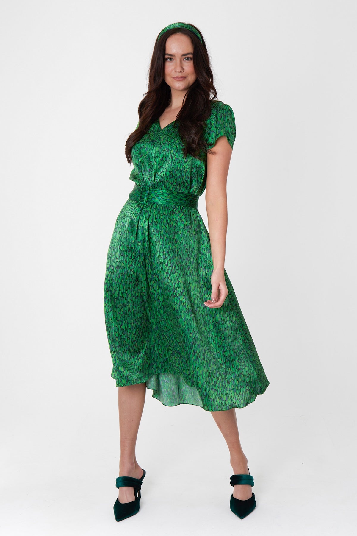 Eva Silk Satin Dress Flecked Emerald front view