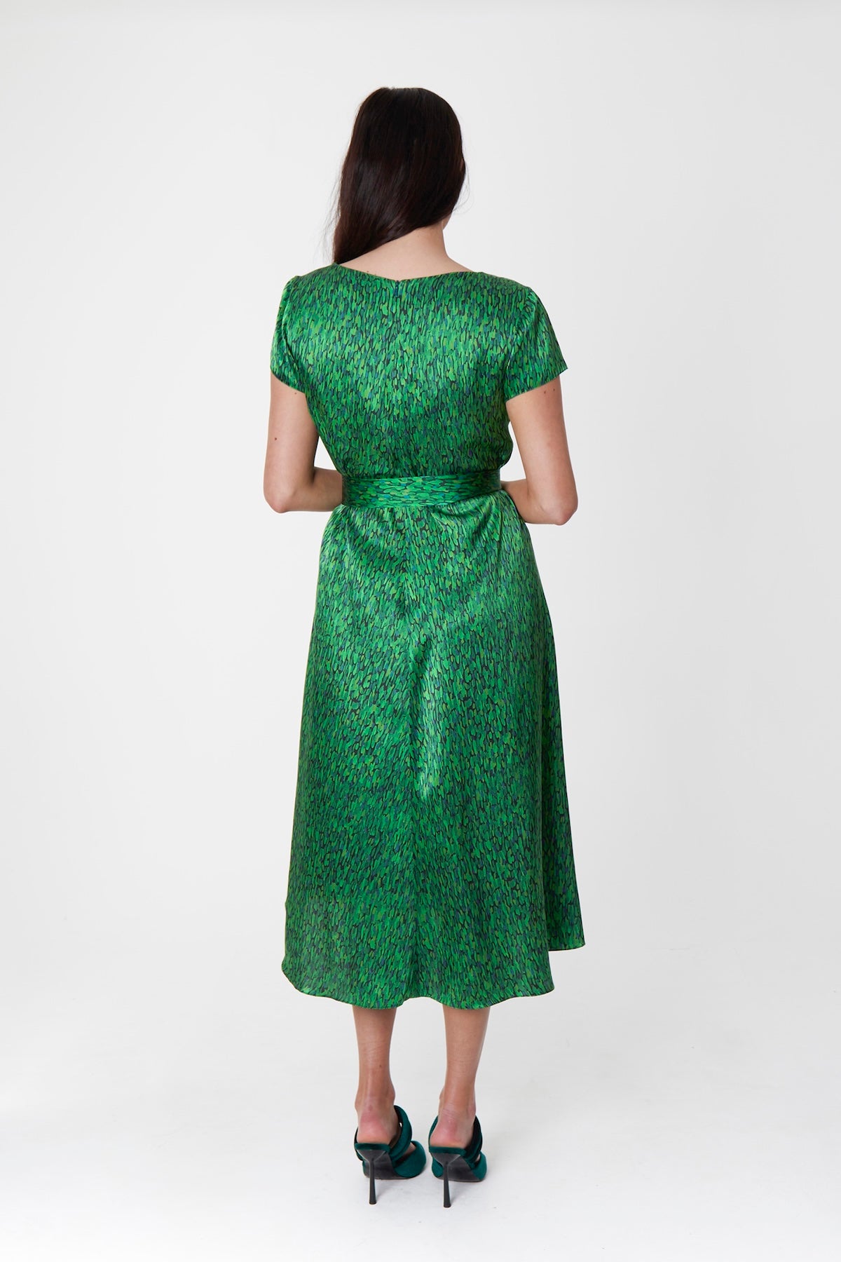 Eva Silk Satin Dress Flecked Emerald back view