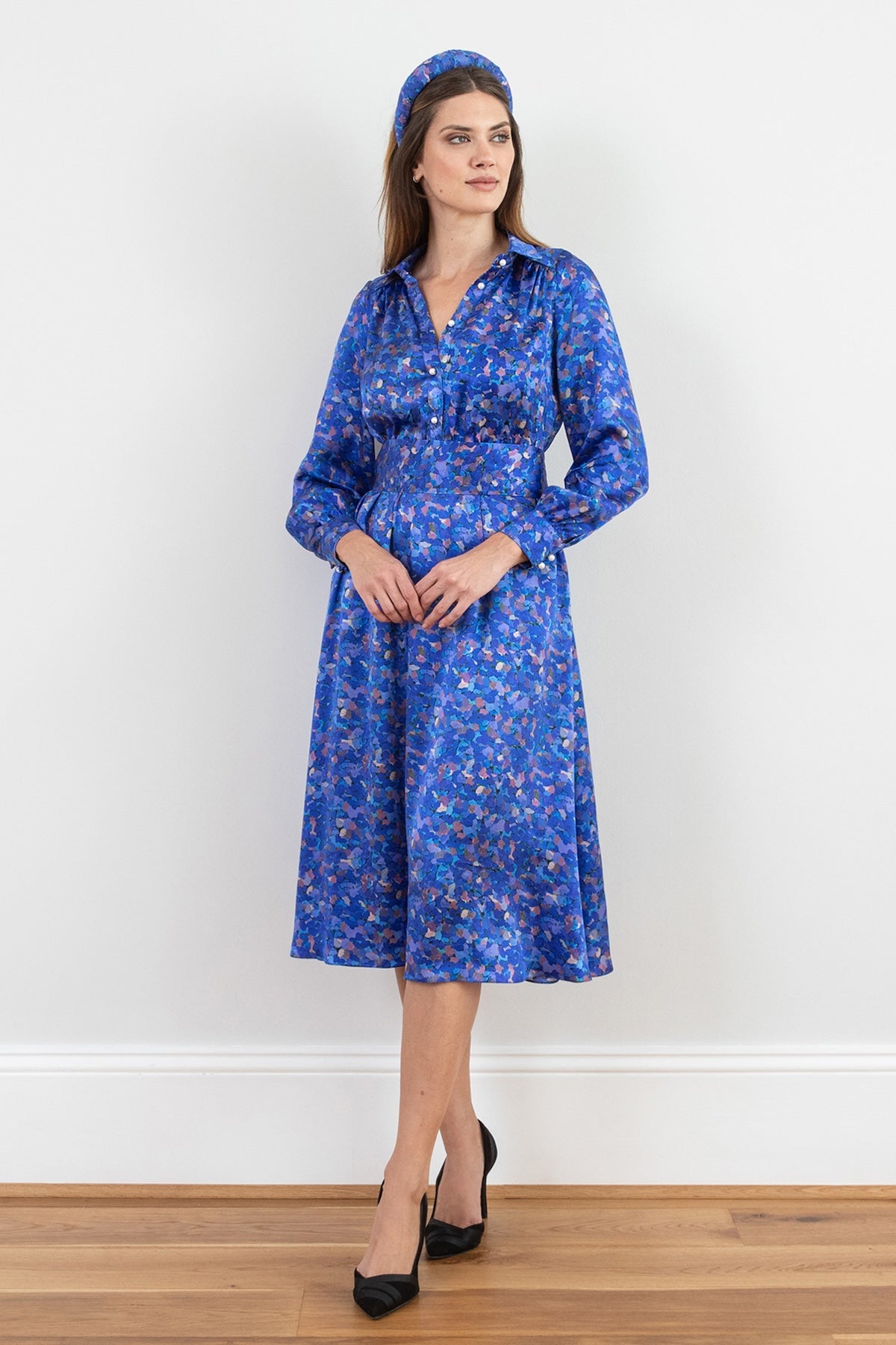 Fiona Silk Satin Dress Celestial Petals front view