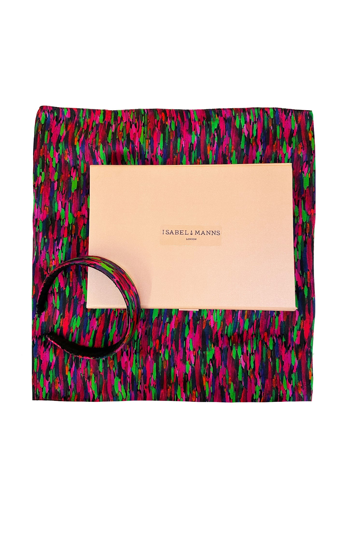 Vibrant pink and green print silk satin scarf, with matching headband and large pink gift box bow tied ribbon.