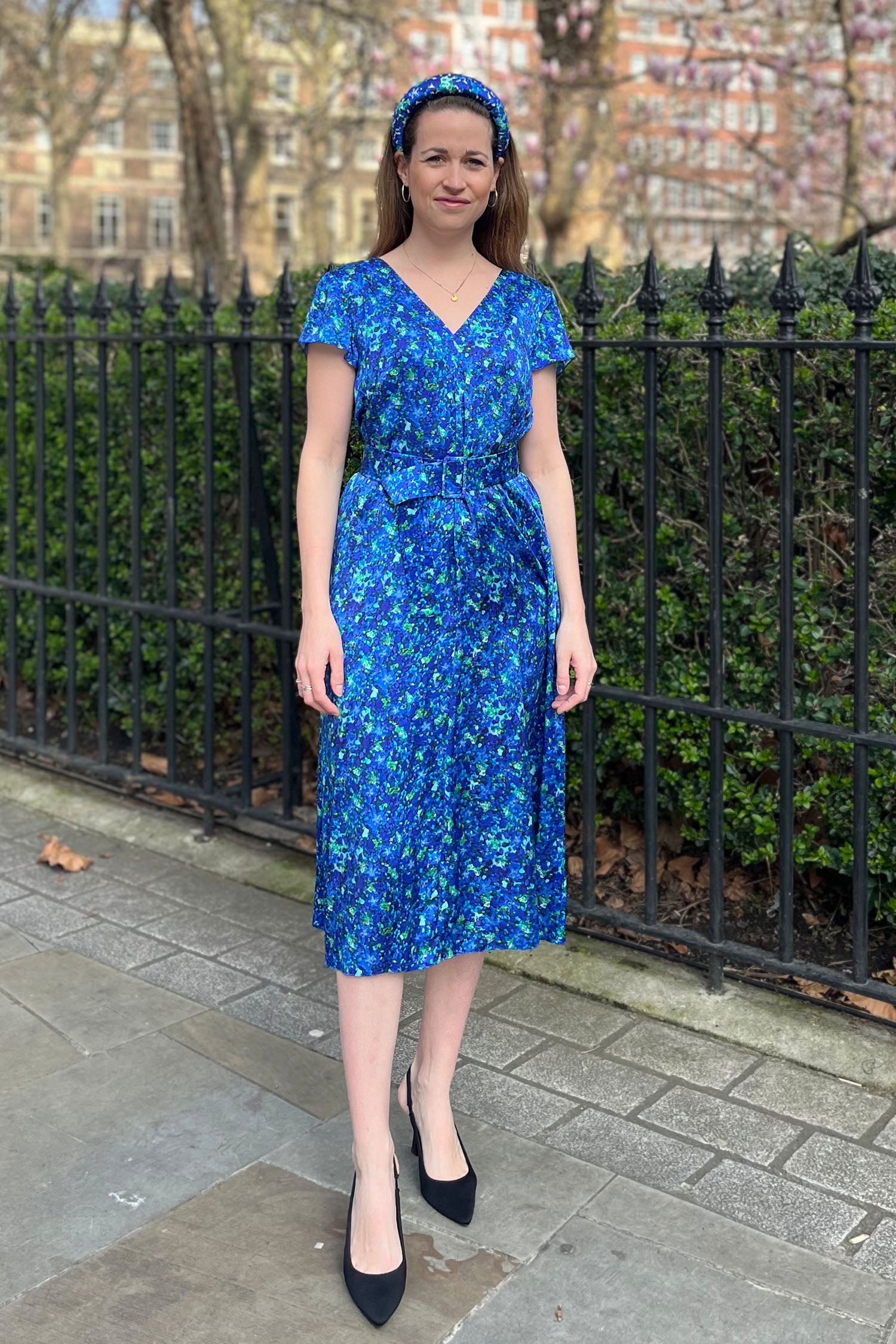 Eva Silk Satin Dress Aqua Flora front view