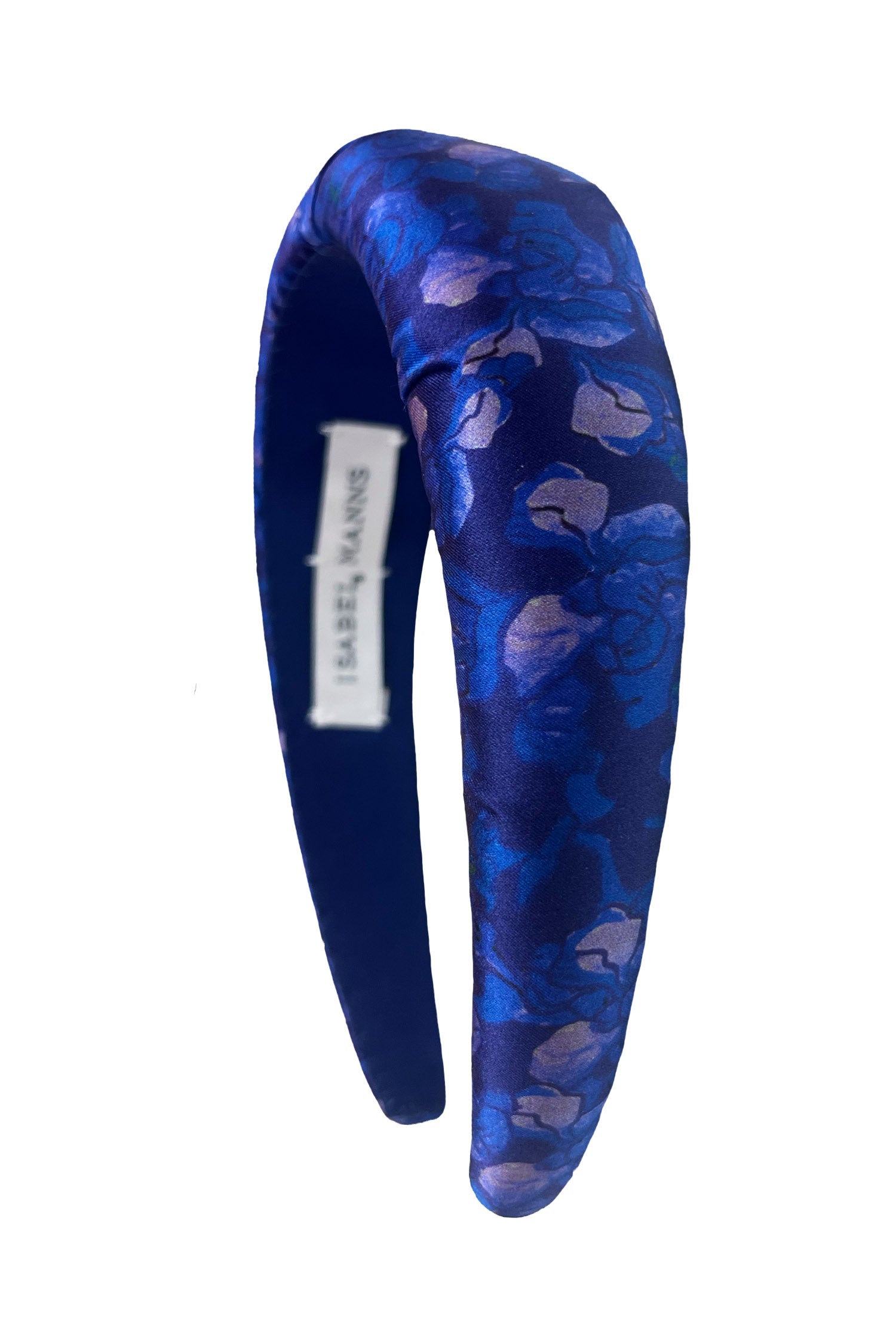 an indigo blue floral silk satin padded headband
