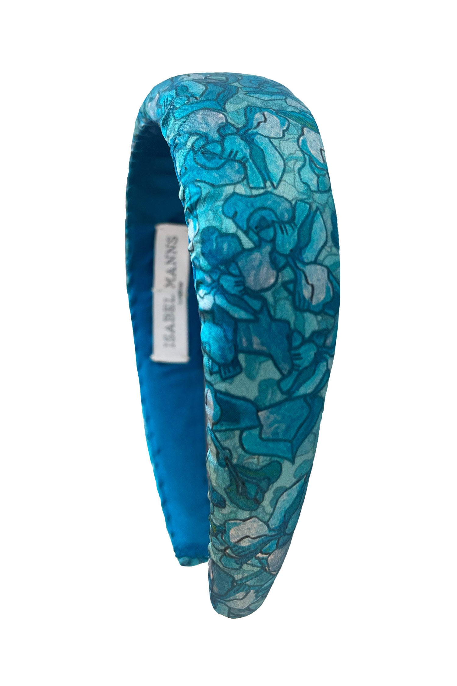 a teal printed silk satin padded headband cut out image