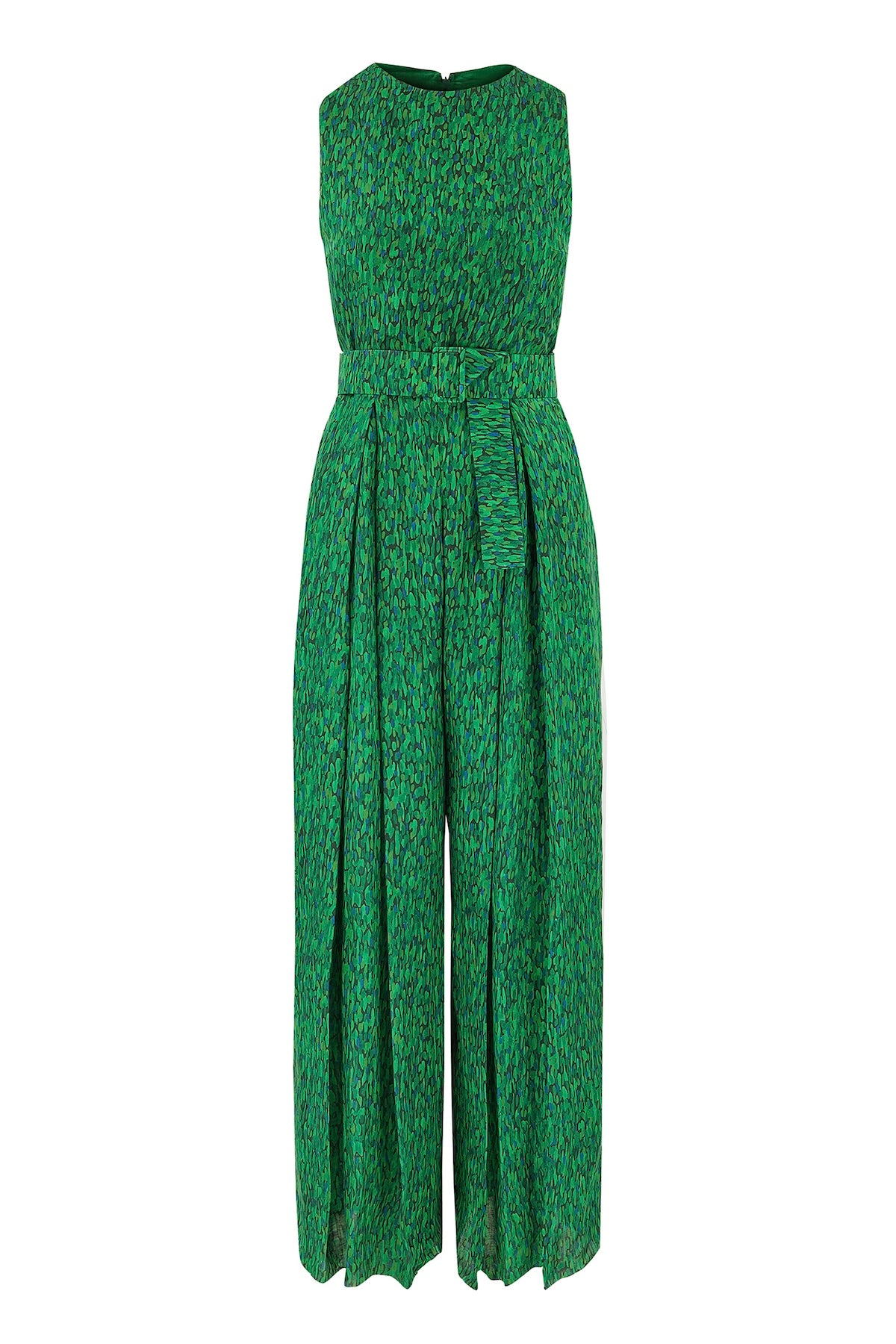Sleeveless wide leg silk cotton jumpsuit and matching belt that comes in a vibrant green print.