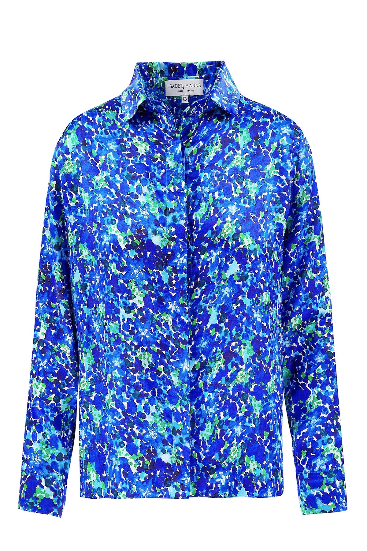 Silk satin shirt with hidden buttons in blue floral print.