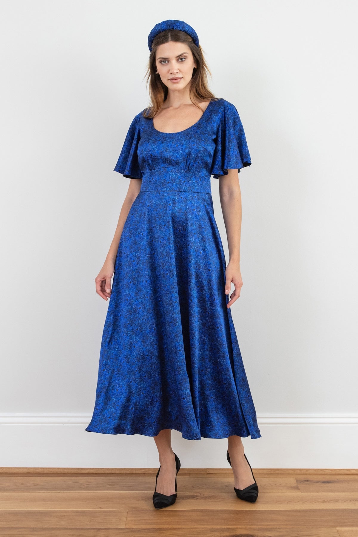 Katrina Silk Satin Dress Midnight Murals front view