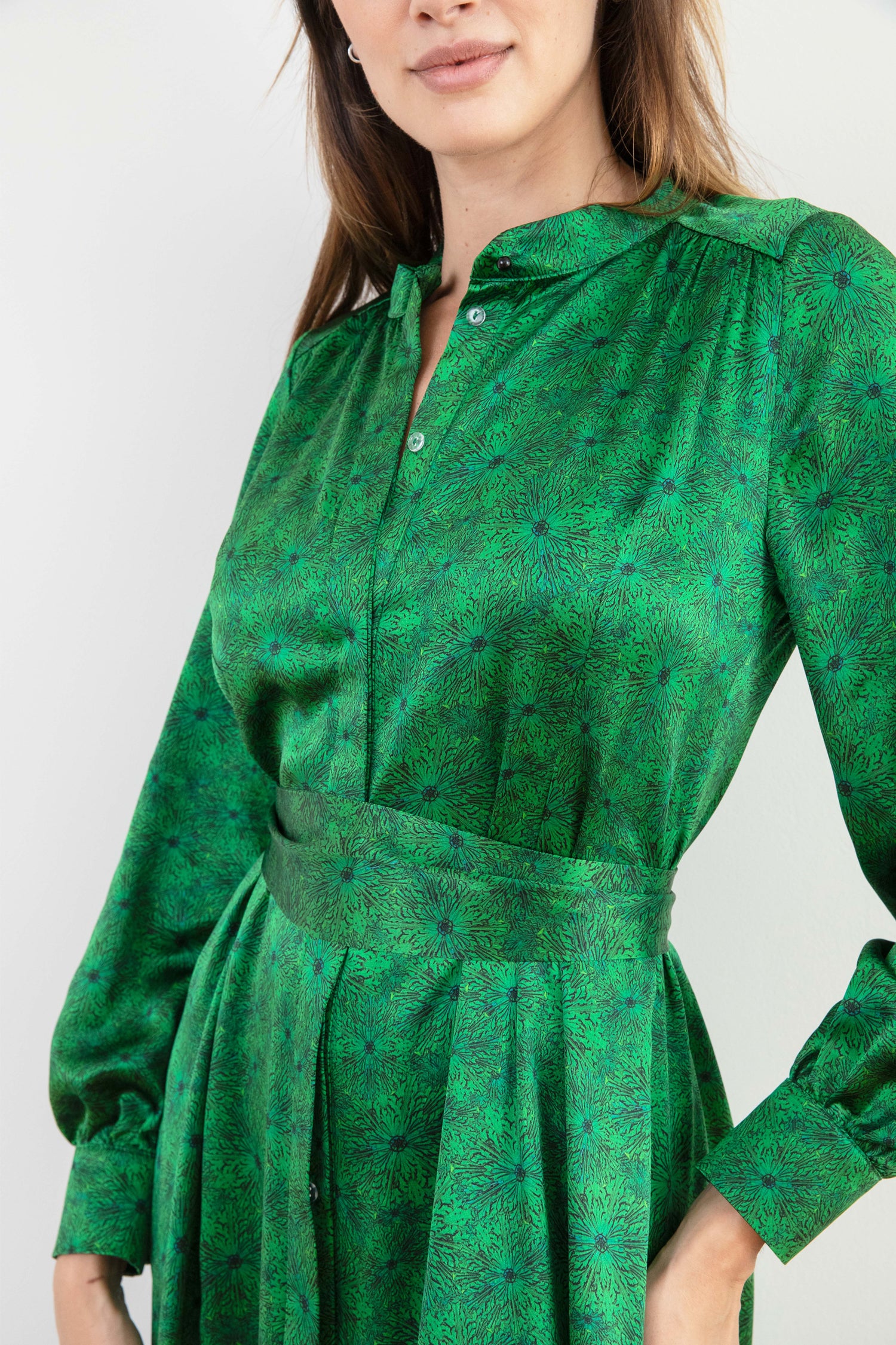 Mara Silk Satin Dress Emerald Murals front detail