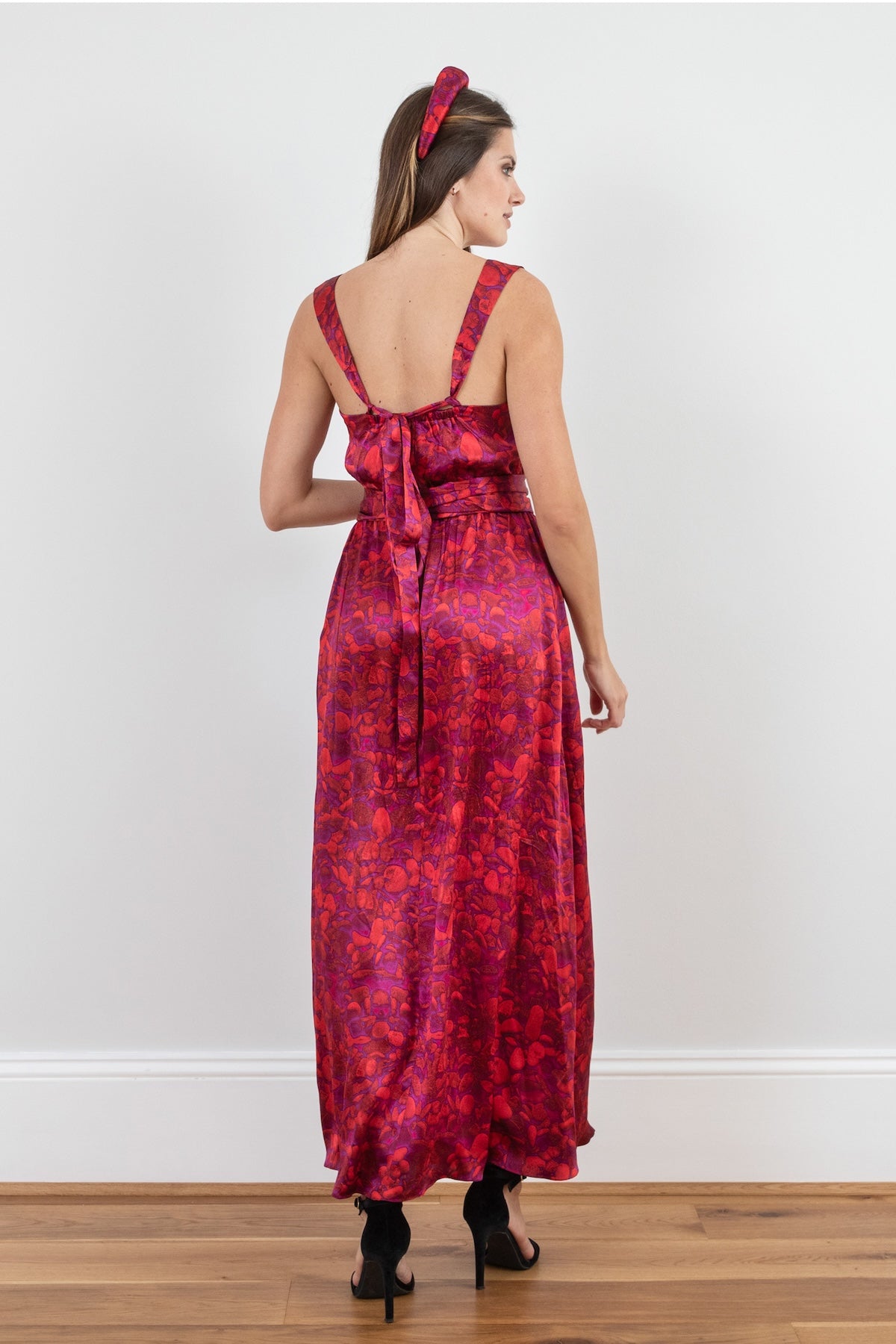 Melanie Silk Satin Dress Scarlett Pebbles back view