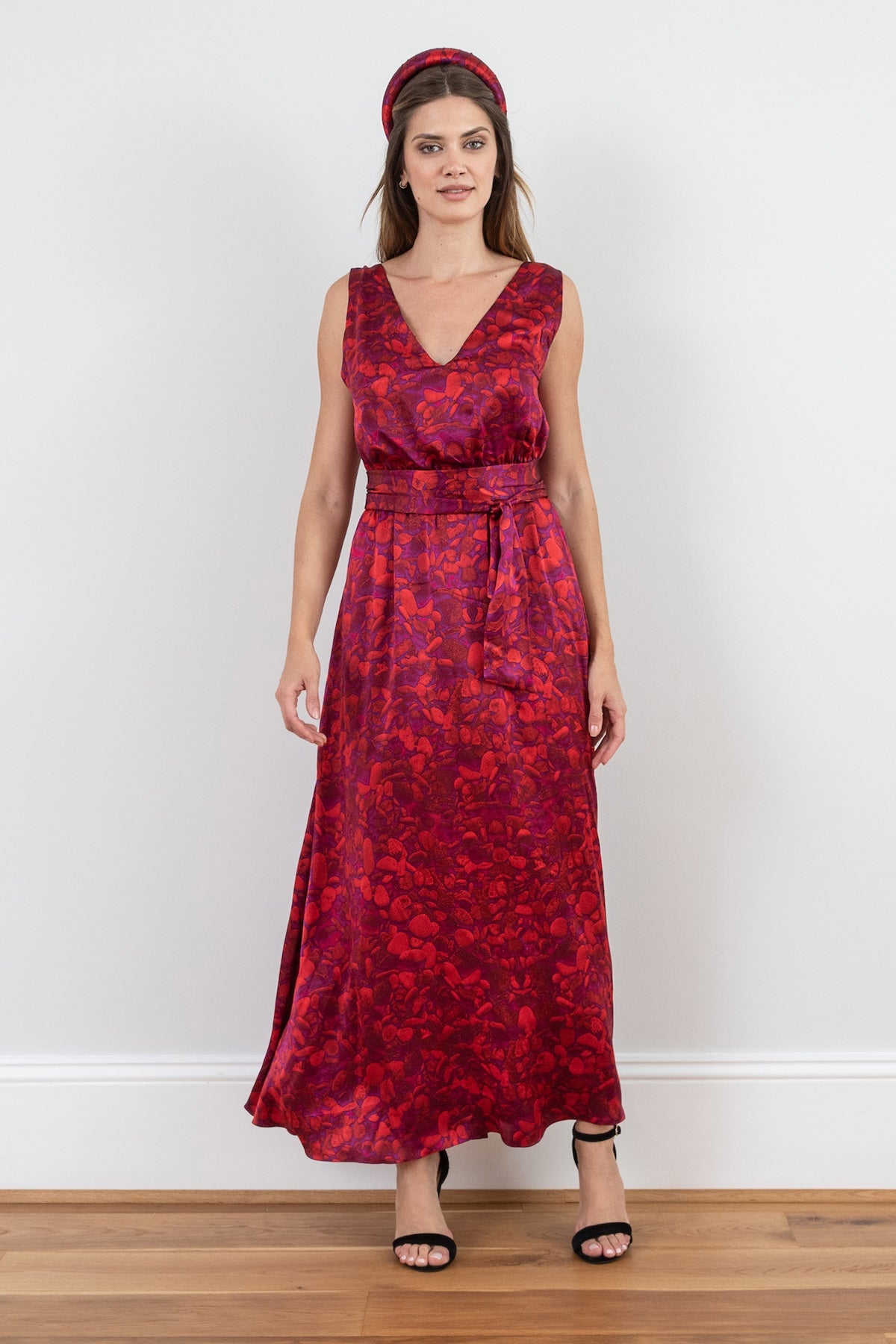 Melanie Silk Satin Dress Scarlett Pebbles front view