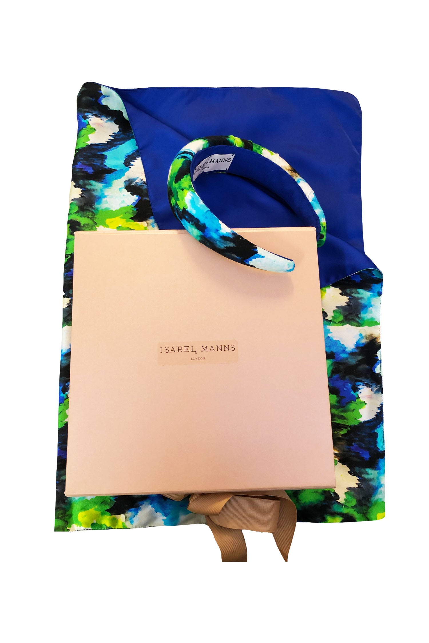Reversible vibrant multicoloured print and cobalt silk satin scarf, with matching padded headband and large pink gift box bow tied ribbon.