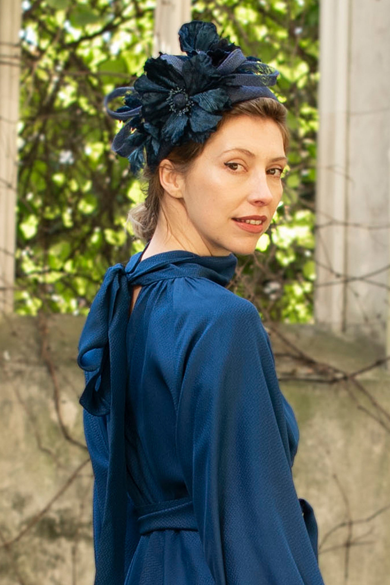 Navy floral wide band fascinator