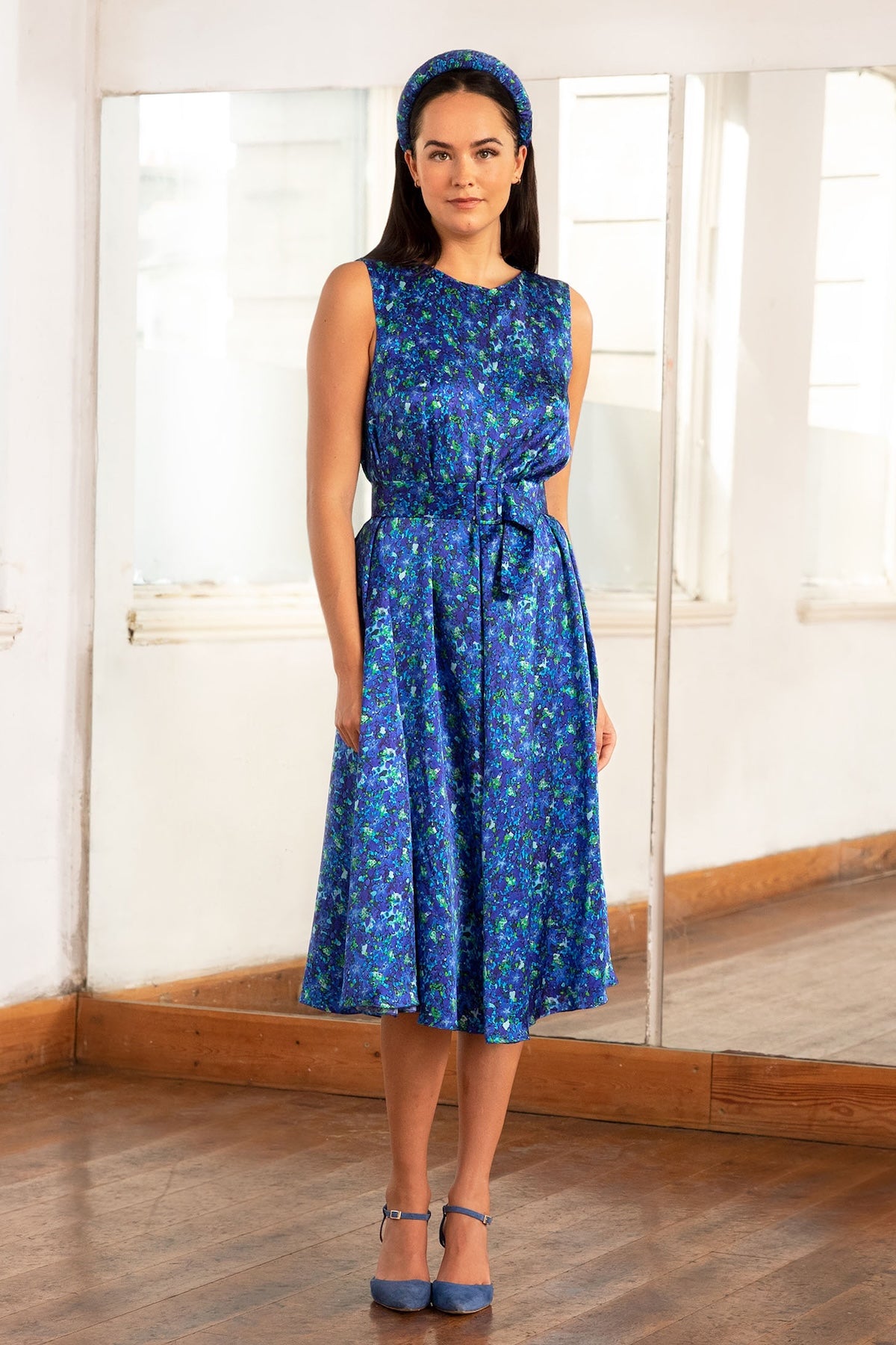 Nancy Silk Satin Dress Aqua Flora front view