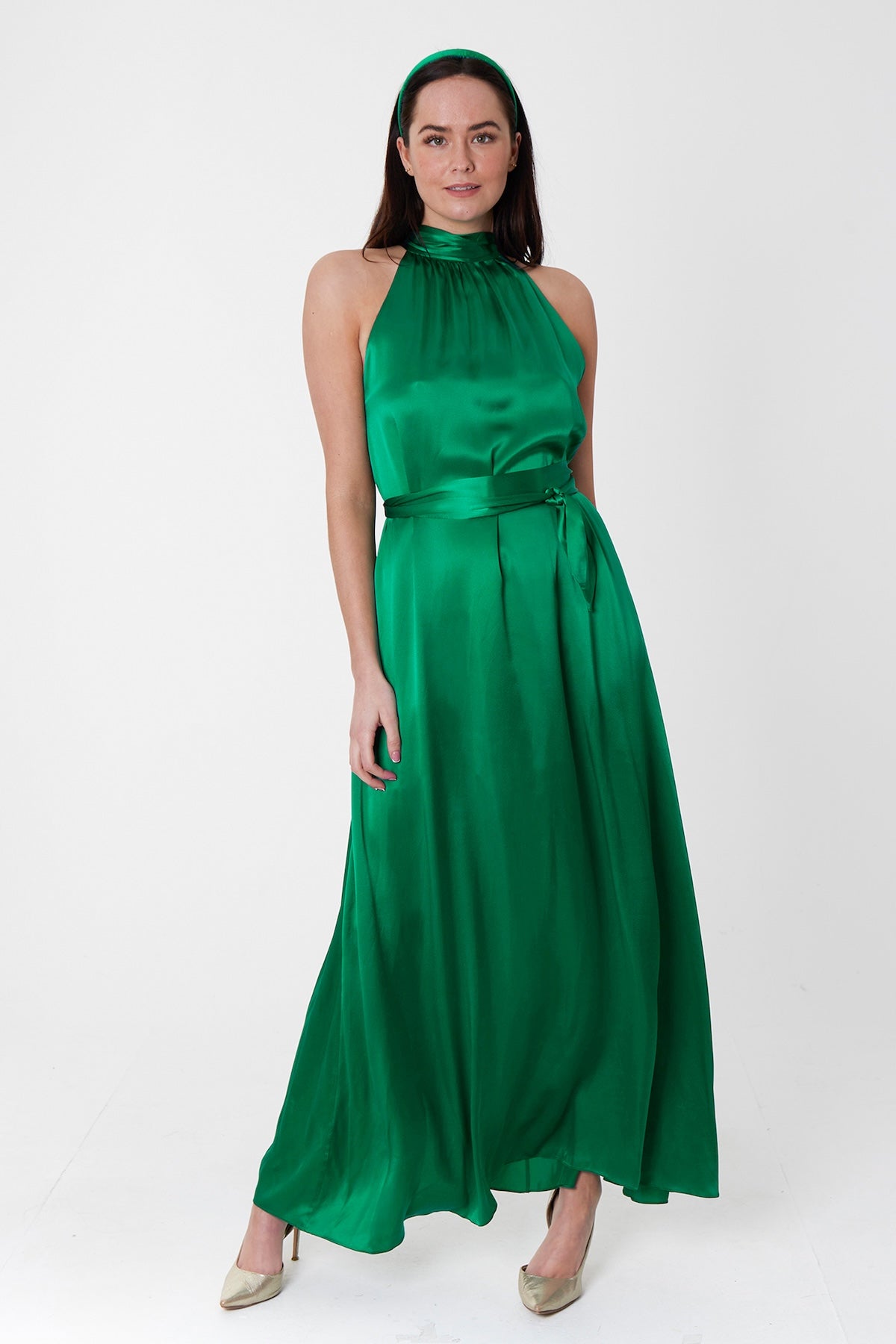 Patricia Silk Satin Dress Emerald front view