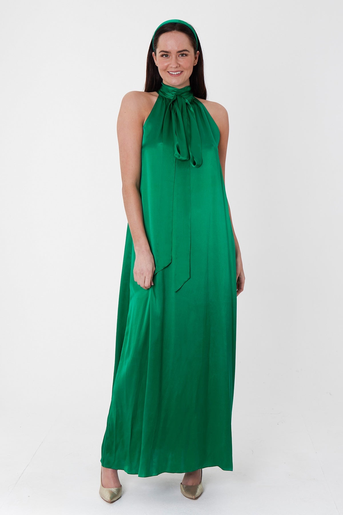 Patricia Silk Satin Dress Emerald front view