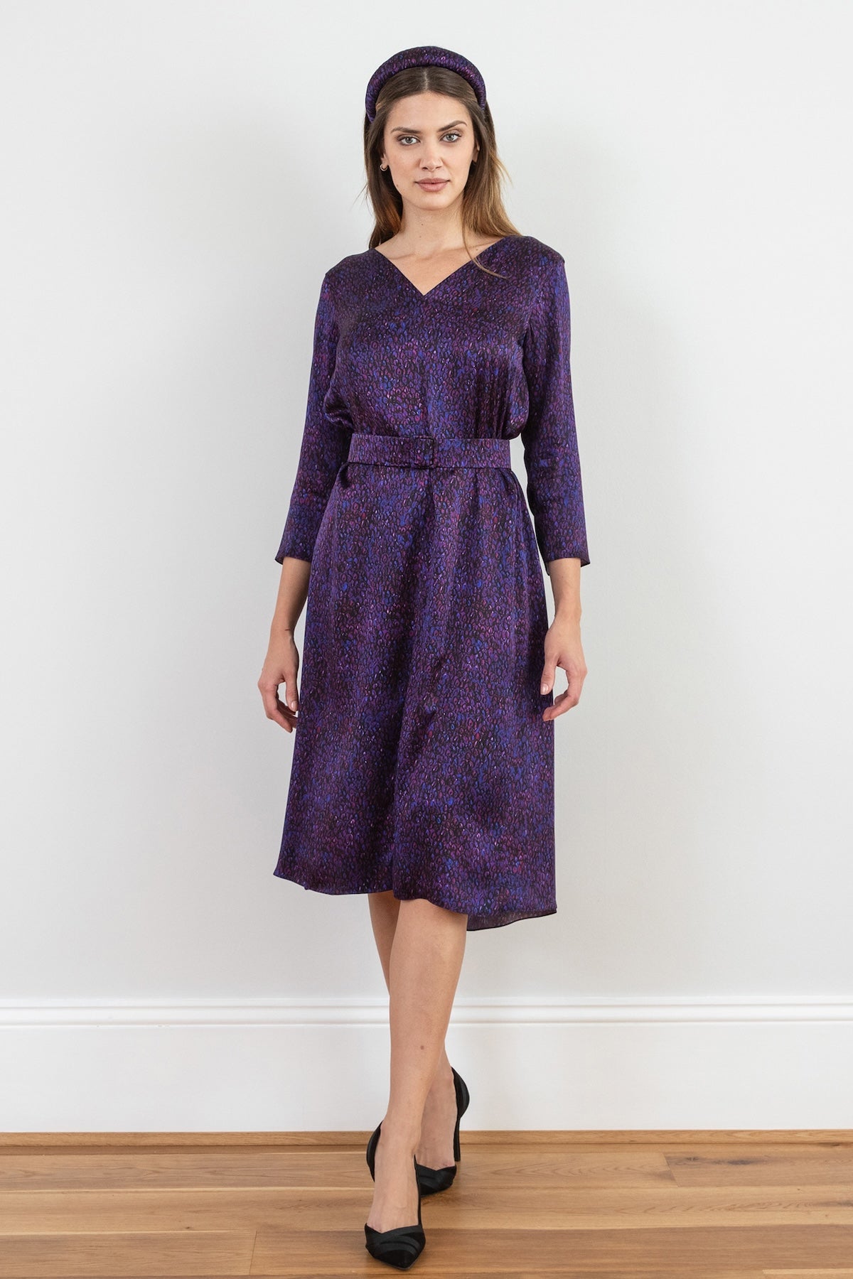 Valentina Silk Satin Dress Purple Mystery front view