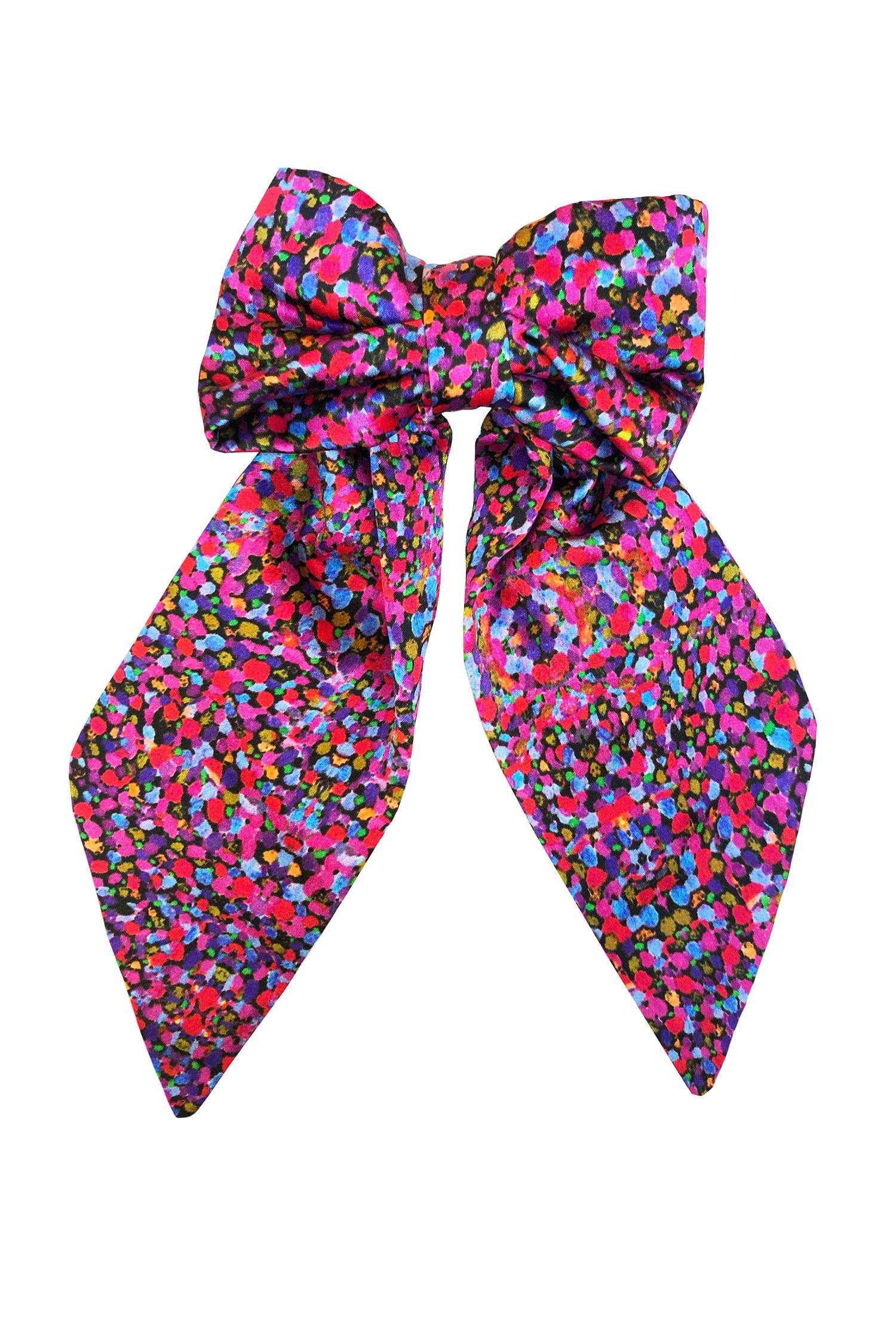 An Isabel Manns purple dotted print silk satin bow with ribbon styling and silver hair clip.