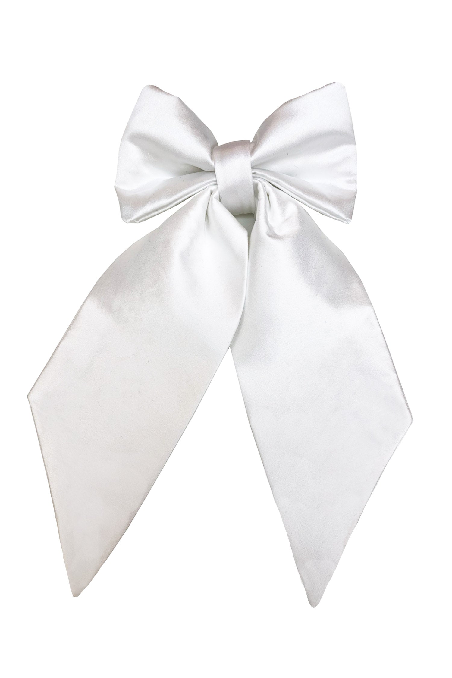 An Isabel Manns white silk satin bow with ribbon styling and silver hair clip.