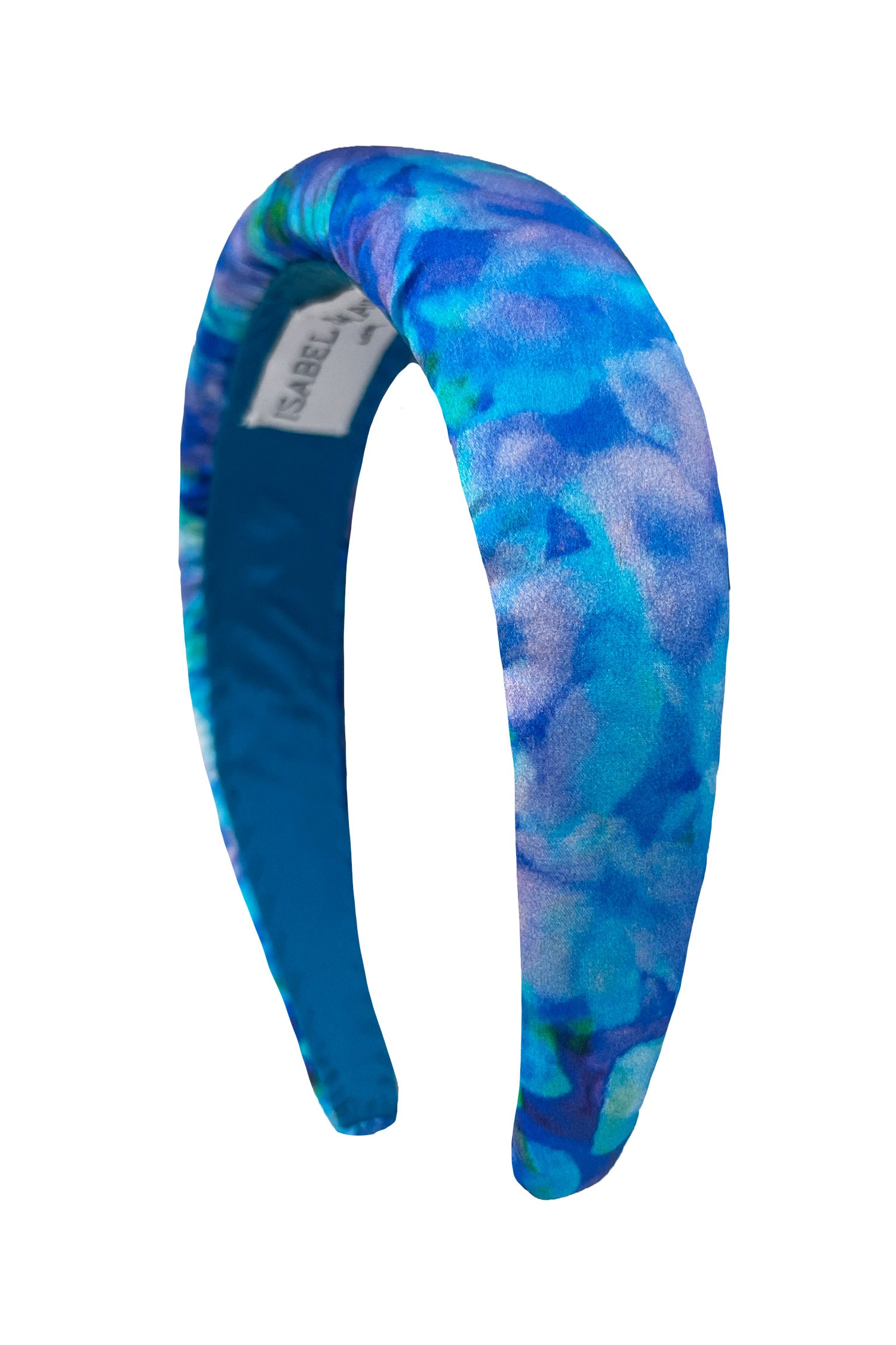 cut out image of elegant turquoise and blue floral silk satin padded headband sustainably hand-crafted in UK