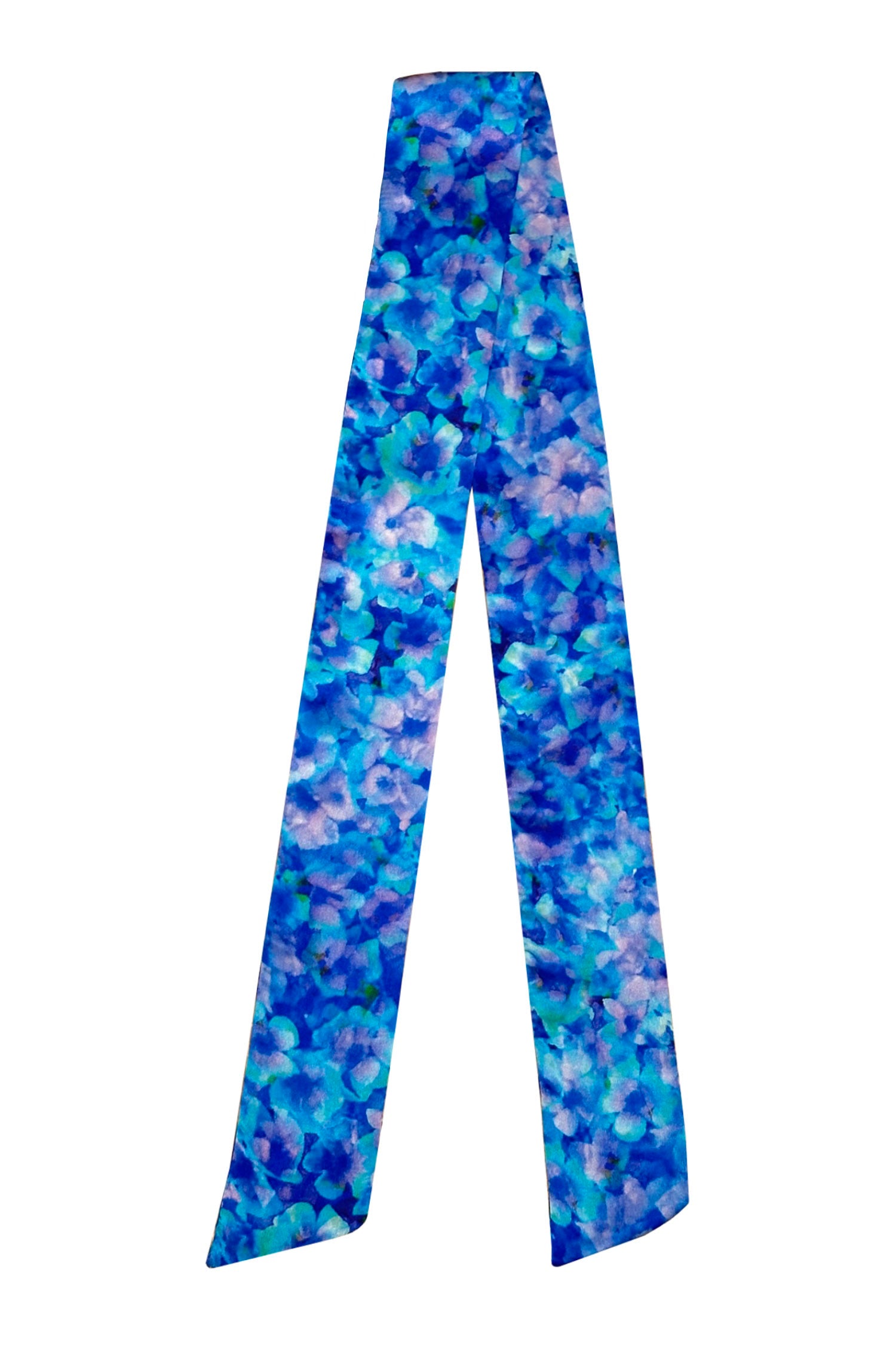 Narrow silk satin scarf in blue floral print.