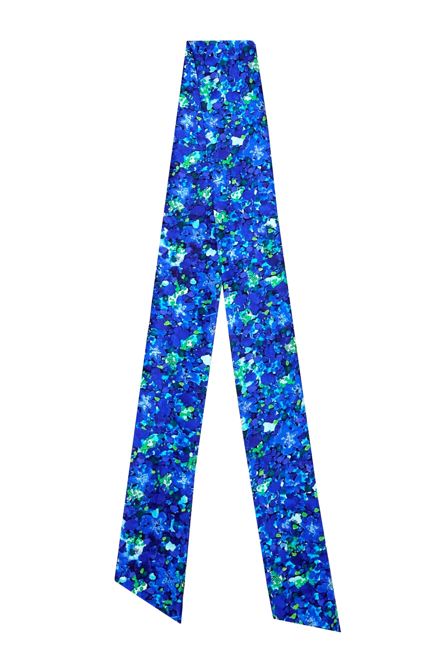 Narrow silk satin scarf in blue floral print.