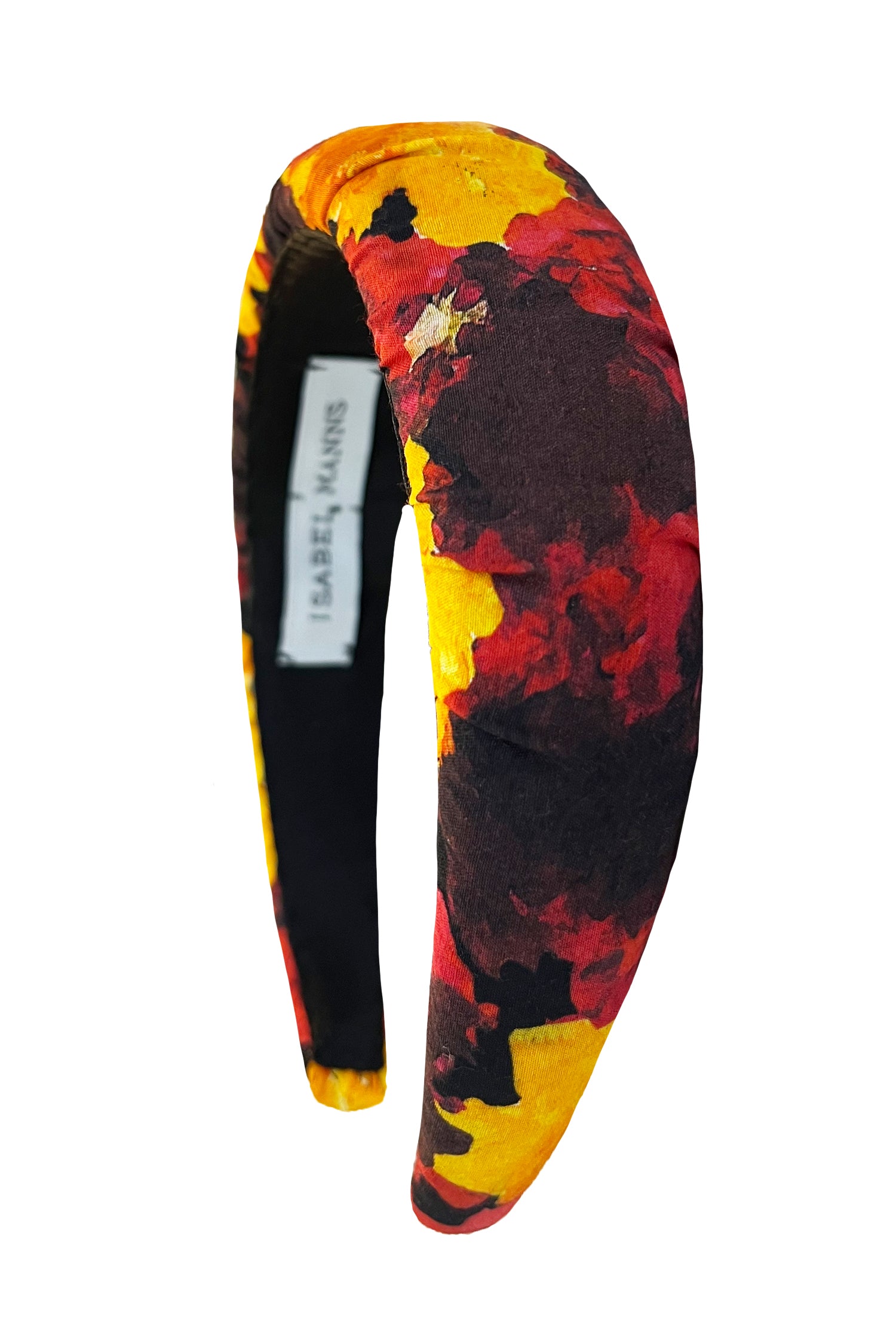 red, orange and black printed silk headband cut out image