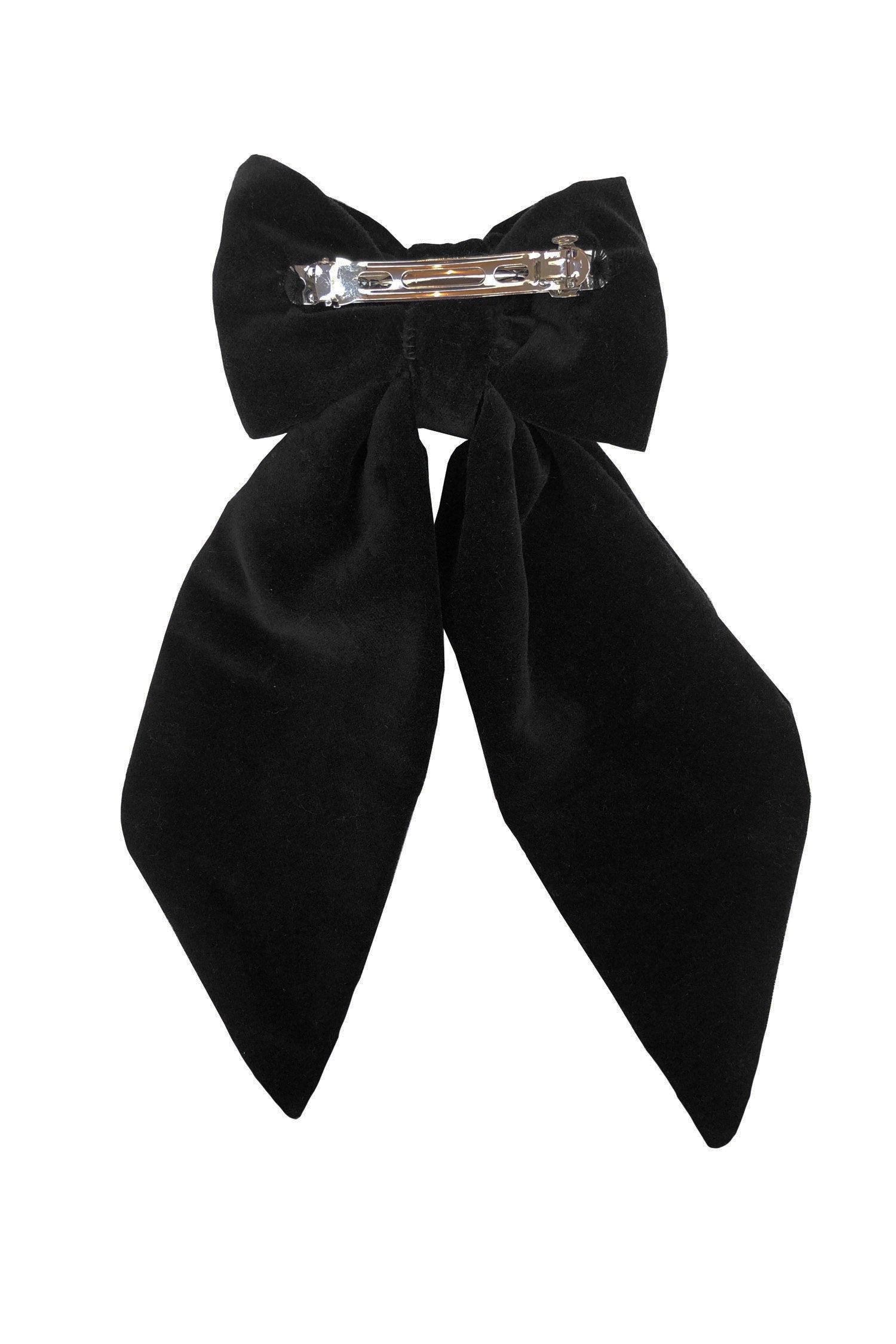 black velvet hair bow clip showing back of it