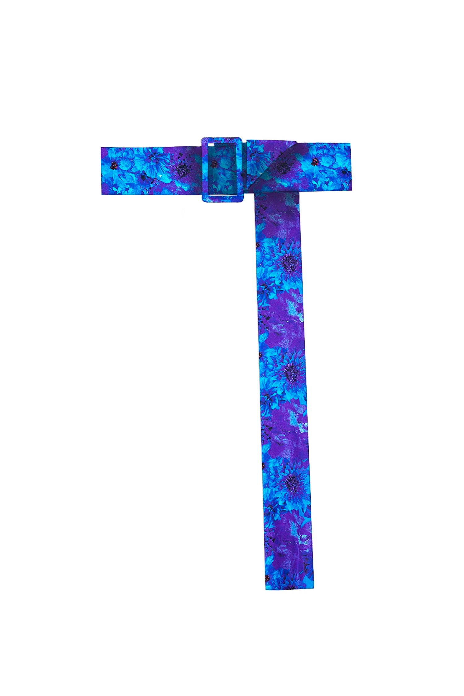 An adjustable and detachable blue floral printed silk satin fabric covered belt.