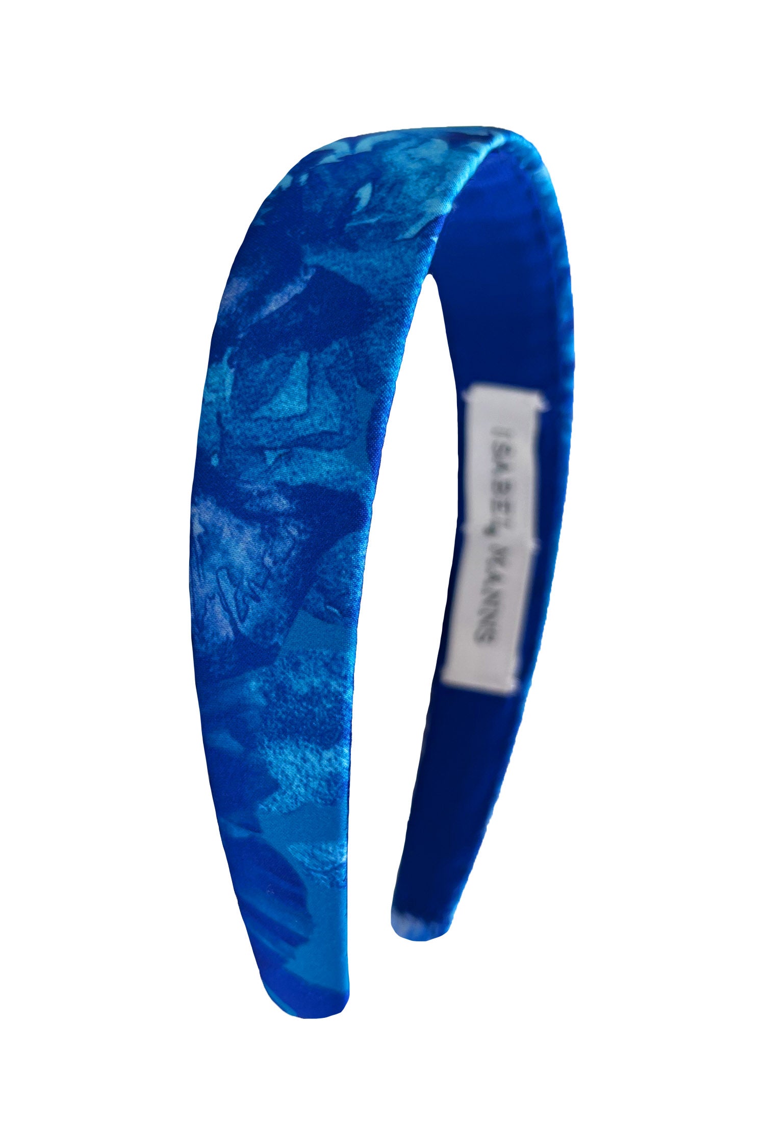 cut out image of blue floral satin headband hand-made in the UK