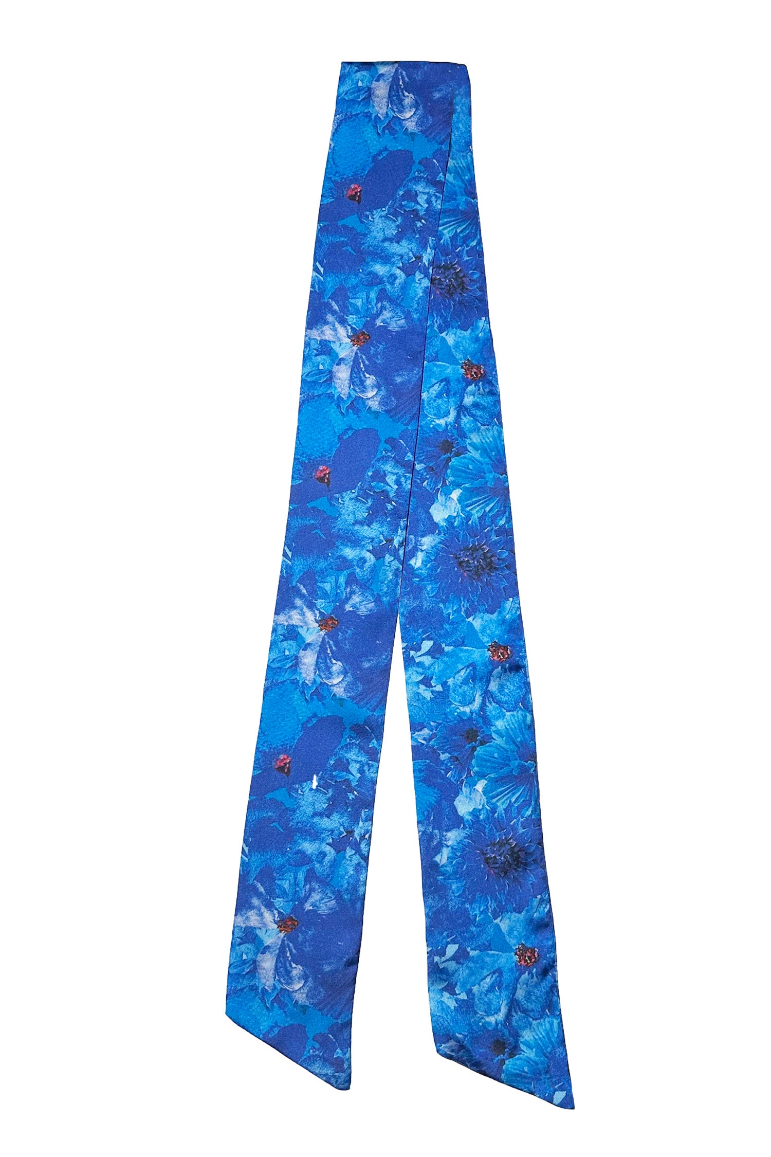 Narrow silk satin scarf in blue floral print.