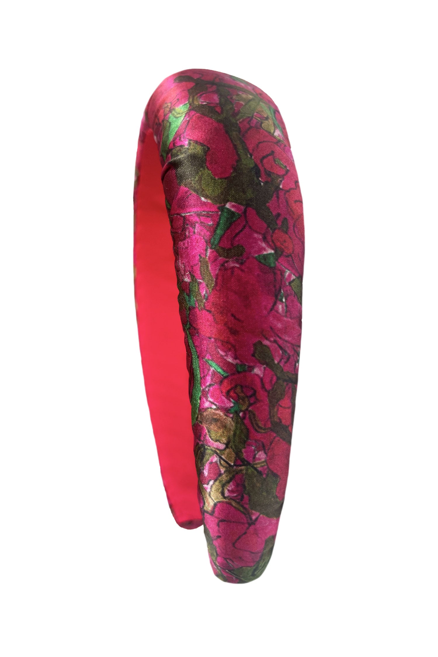 a dark pink floral printed silk padded headband cut out image