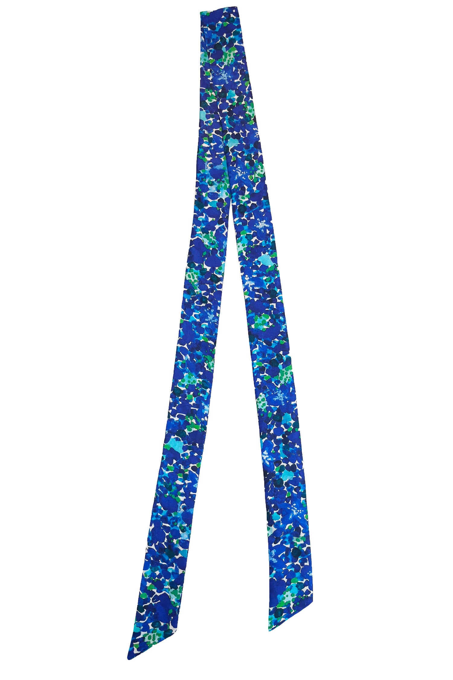 Narrow silk satin scarf in blue floral print.