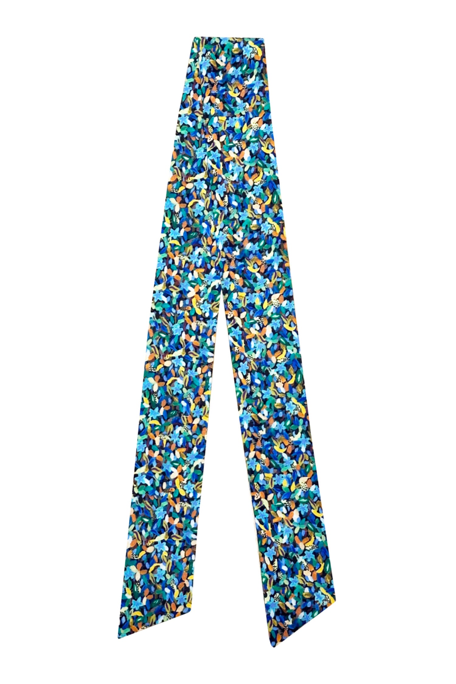 Narrow silk bamboo scarf in green multicoloured print.