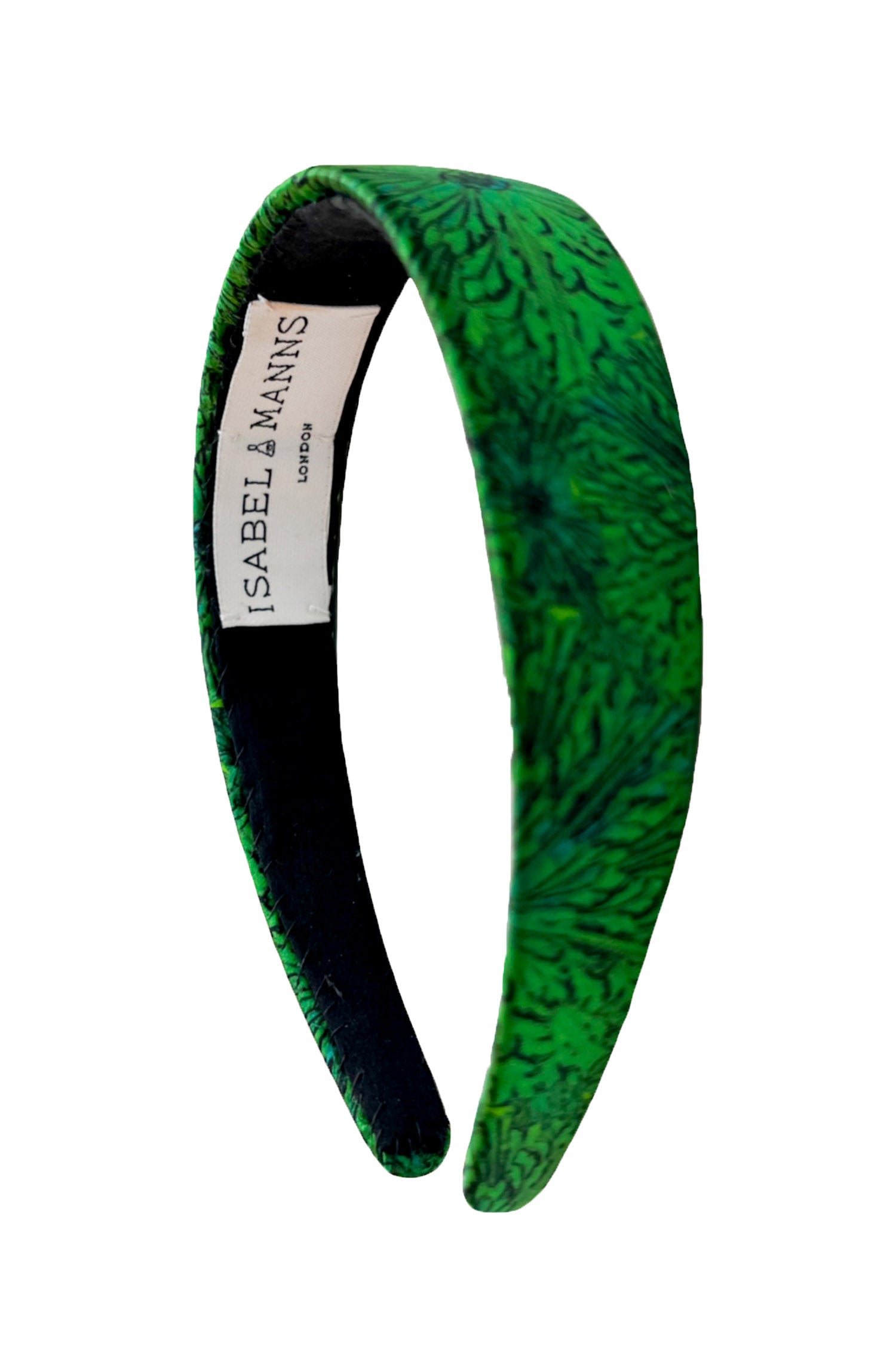A vibrant emerald green luxurious silk satin headband that is a cut out image
